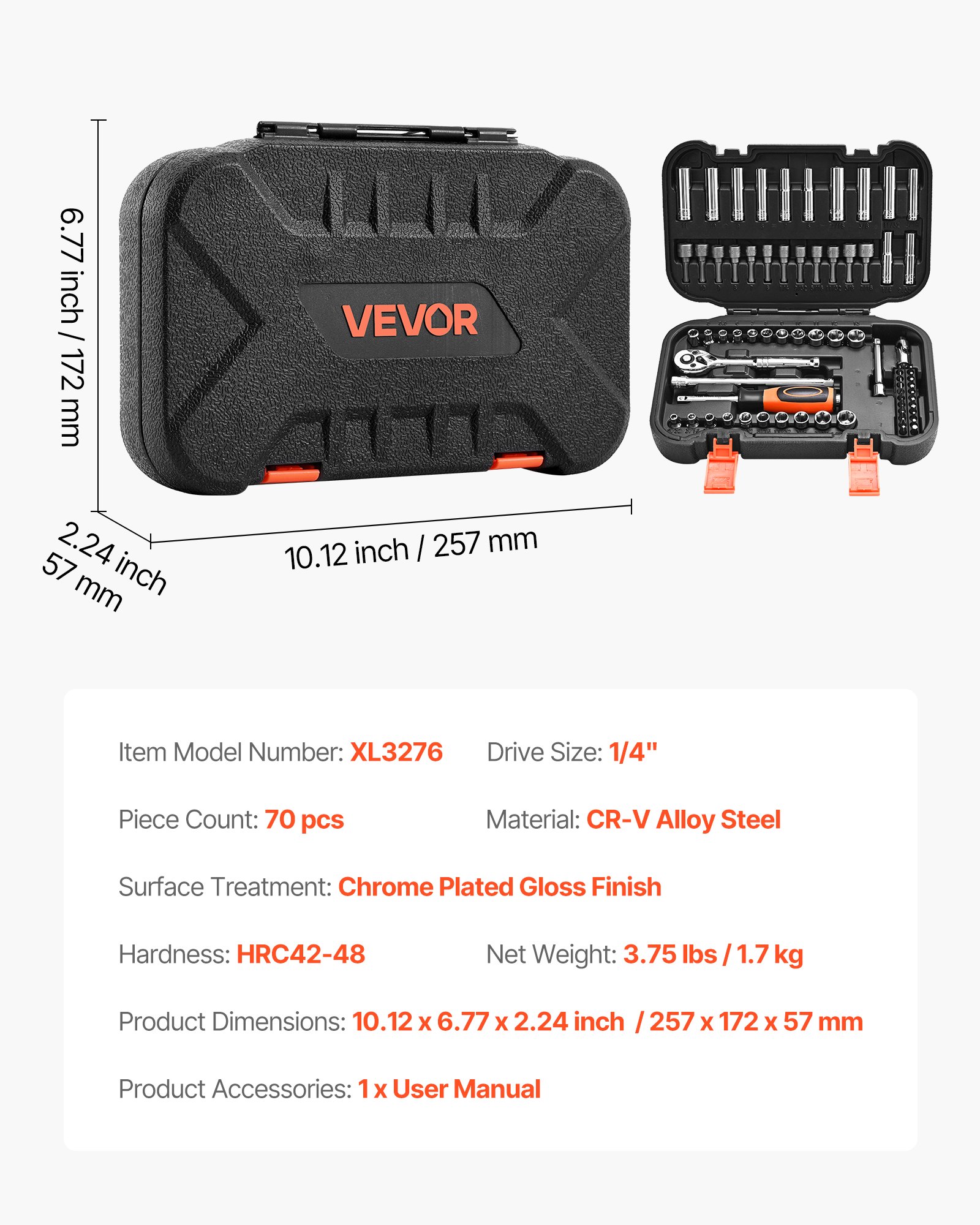 VEVOR Socket Set, 70 Pieces, 6.4 mm Drive Socket and Ratchet Set, SAE and Metric, Deep and Shallow, Mechanic Tool Kit with Bits, Accessories and Storage Case, CR-V Alloy Steel, for Automotive Repair