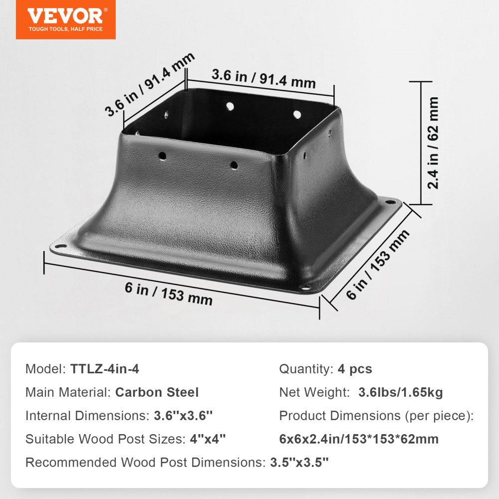 VEVOR Set van 4 schroefhulzen 153 x 153 x 62 mm Paalondersteuning Paalschoen van koolstofstaal Paalpaalvoet Grondhuls Ondersteuningsvoet Ideaal voor verandaleuningen, pergola's en kolommen