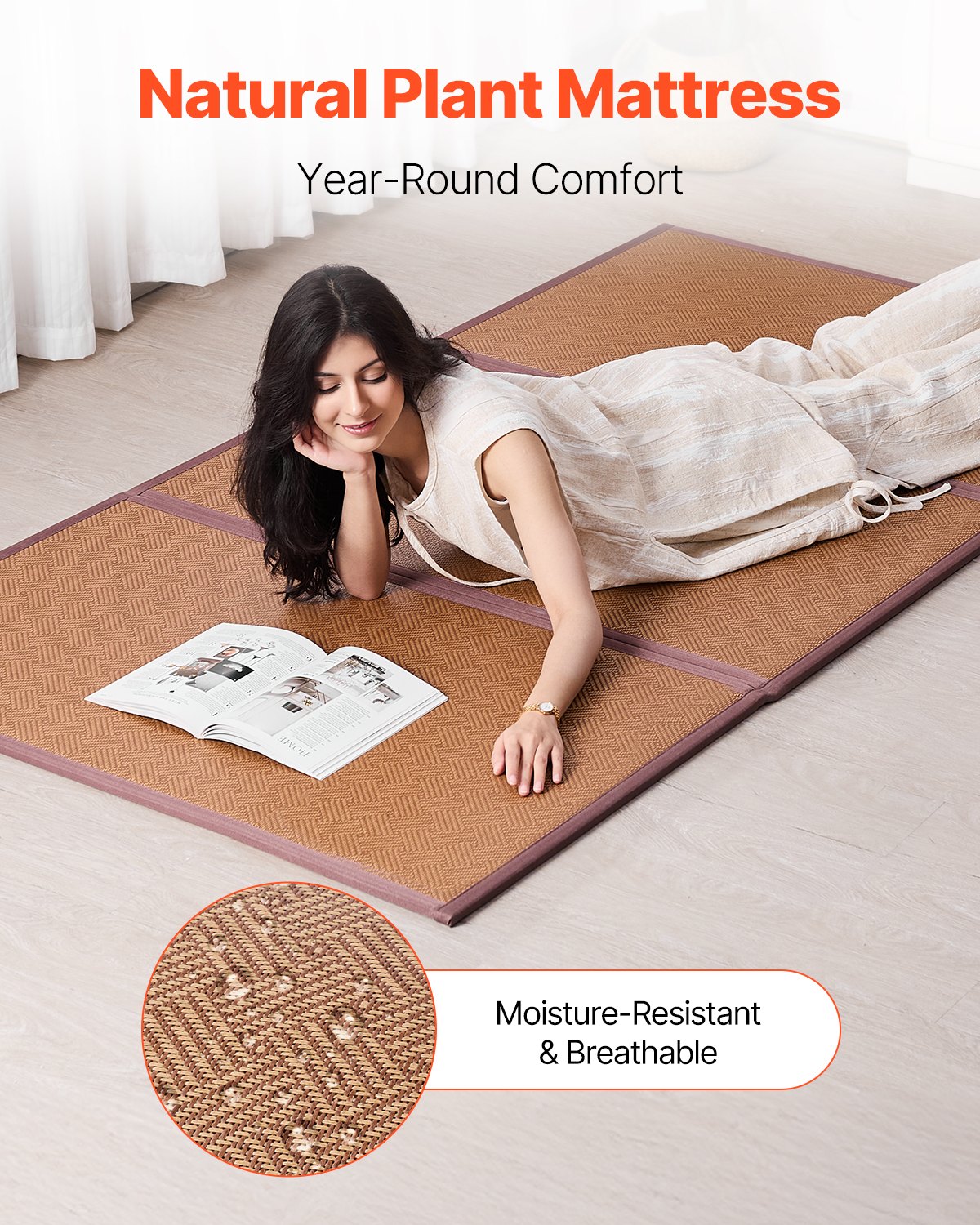 VEVOR Japanse Tatami Mat Opvouwbare Rotan Tatami Matras (2032 x 990 mm), Opvouwbare Vloermatras Antislip Slaapmat voor Slapen, Meditatie, Yoga, Ontspanning, Gemakkelijk Schoon te Maken