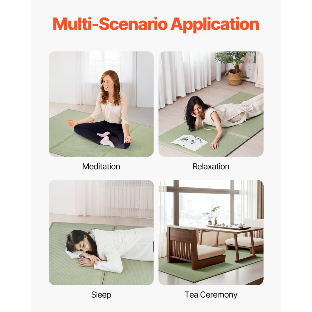 VEVOR Japanse Tatami Mat Opvouwbare Japanse Tatami Matras in Tweepersoonsformaat (Natuurlijk Rietgras), Vloermatras met Antislip Rug, Futon Matras voor Slapen en Mediteren