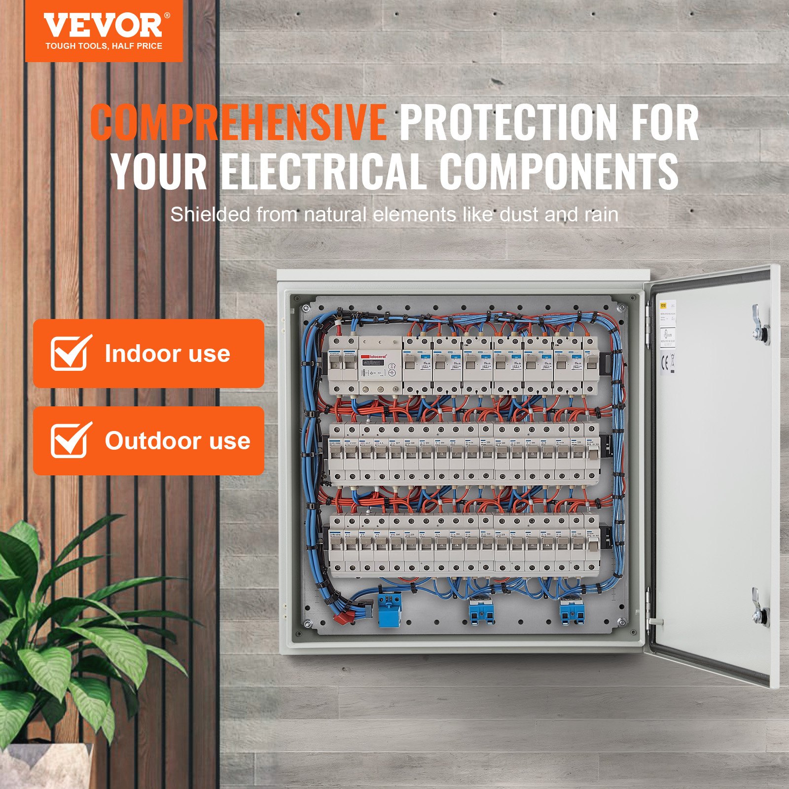 VEVOR Electrical Enclosure, 24 x 24 x 8 in, NEMA 4 Outdoor Enclosure, IP66 Waterproof & Dustproof Cold-Rolled Carbon Steel Hinged Junction Box for Outdoor Indoor Use, with Rain Hood