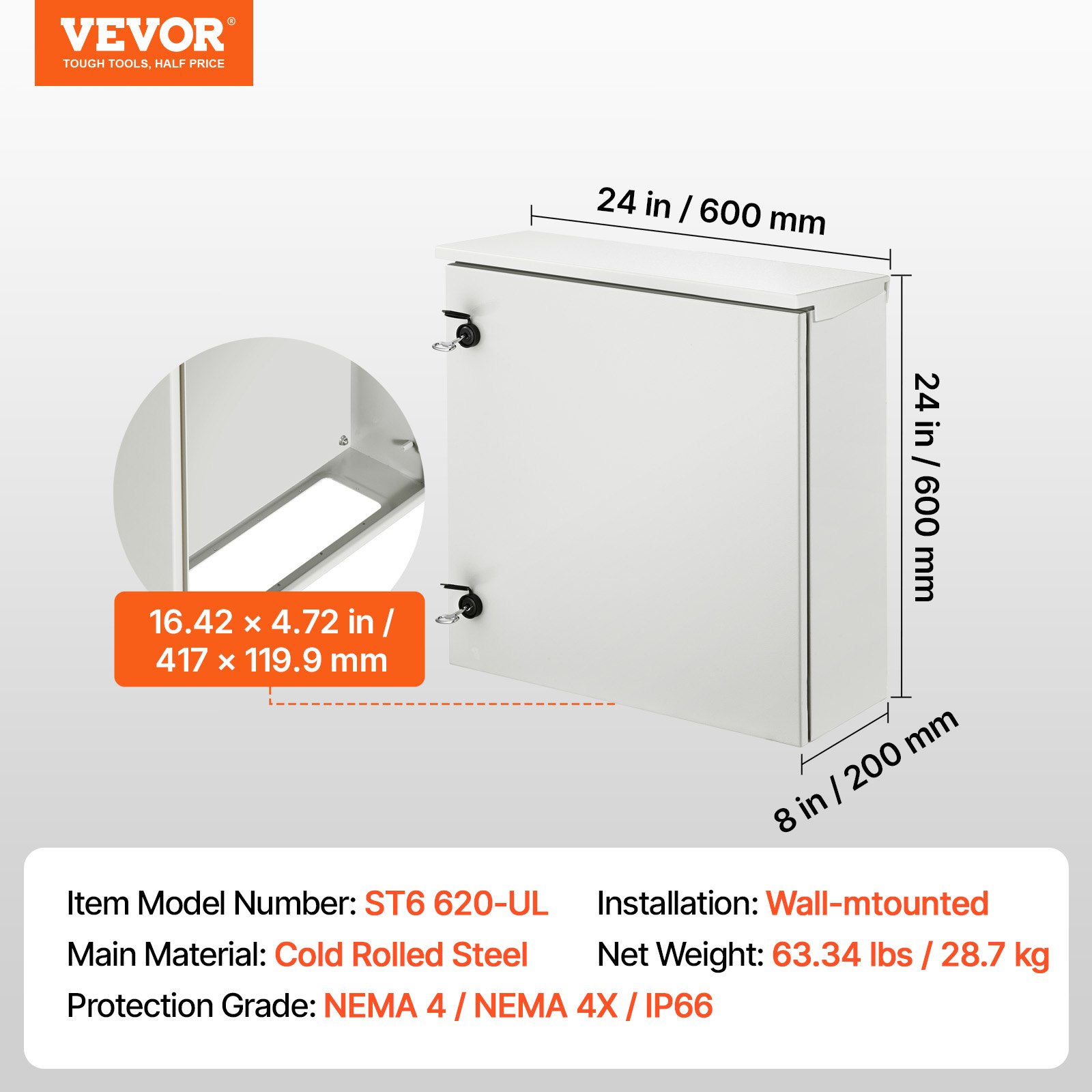 VEVOR Electrical Enclosure, 24 x 24 x 8 in, NEMA 4 Outdoor Enclosure, IP66 Waterproof & Dustproof Cold-Rolled Carbon Steel Hinged Junction Box for Outdoor Indoor Use, with Rain Hood