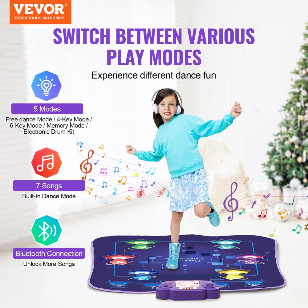 VEVOR Dance Mat, 6-Button Dance Mixer Rhythm Step Play Mat, Electronic Dance Pad with Wireless Bluetooth, LED Lights, 5 Game Modes, Adjustable Volume, Built-in Music, Toys Gifts for 3+ Year Old Girls
