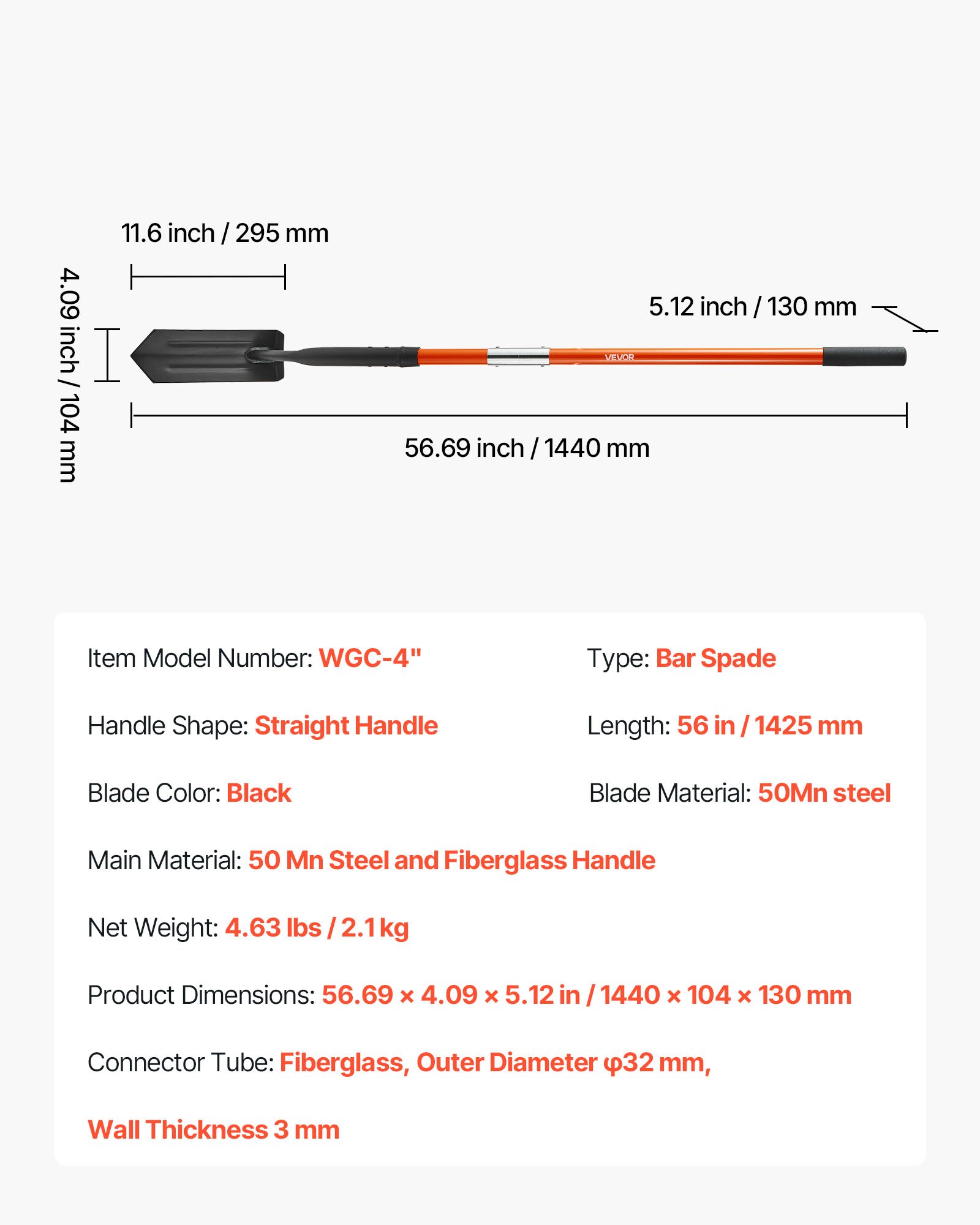 VEVOR Trench Shovel, 4 in Blade Heavy-Duty Trenching Shovel, Narrow Spade Trench Digger with Fiberglass Handle and Non-Slip Grip, for Gardening, Digging Holes, Trenching, and Planting, 56 in Long