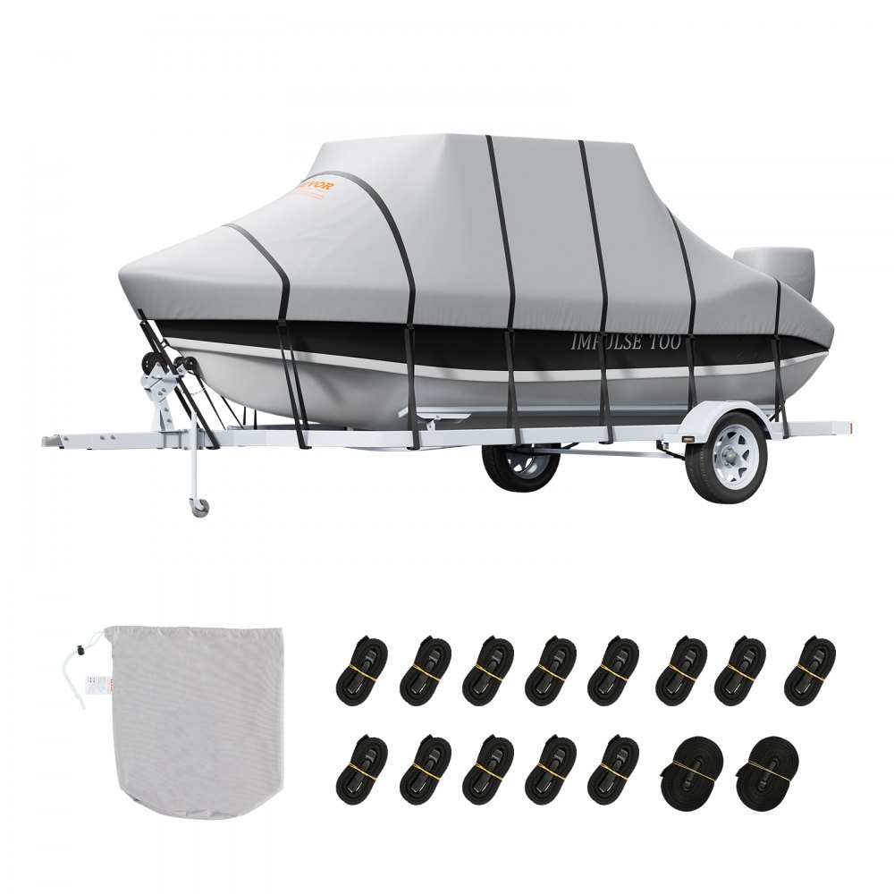 VEVOR t top boat cover on trailer with straps and storage bag, grey cover fully protecting the boat.