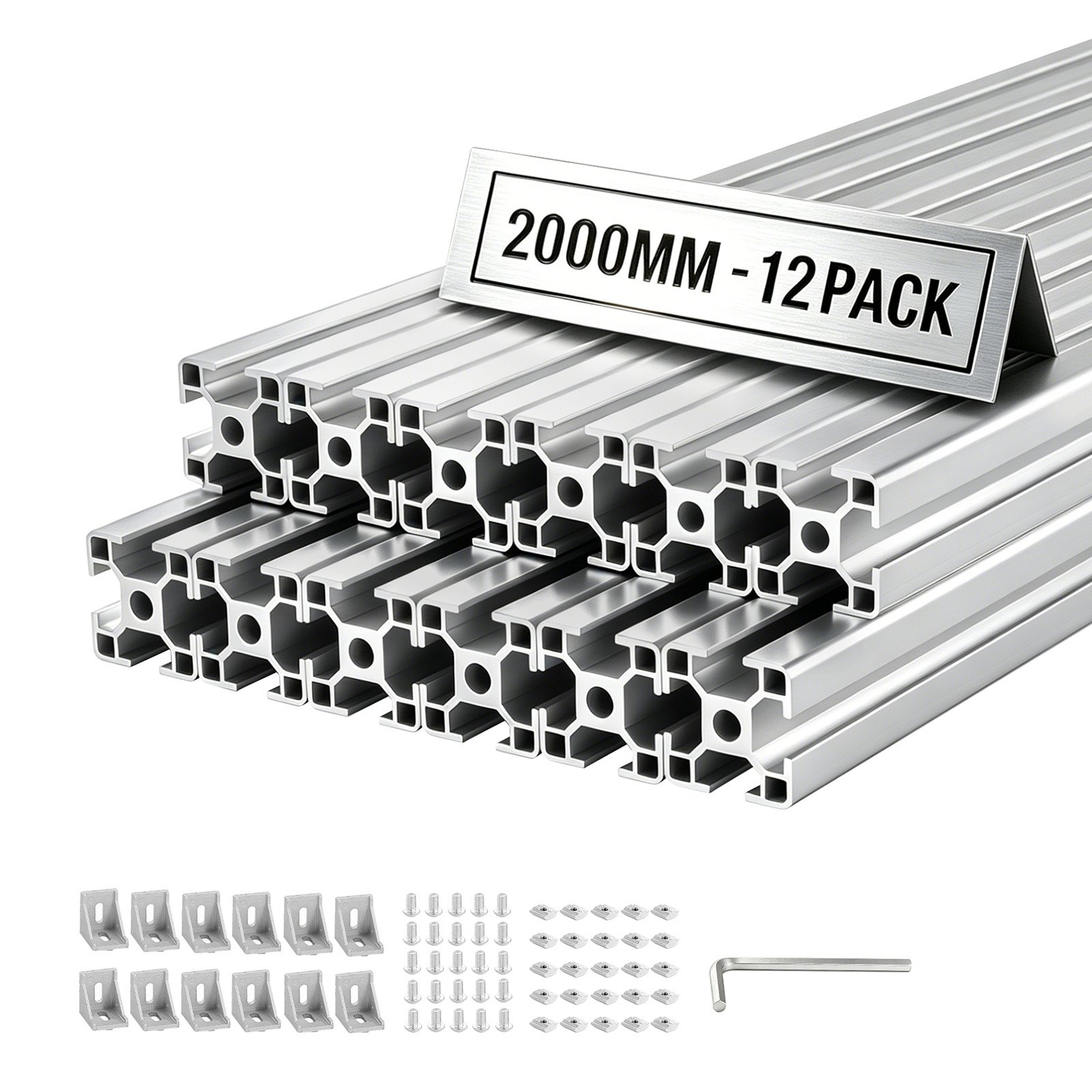 VEVOR 3030 aluminium profielen, 12 stuks, 2 m, geanodiseerde T-sleuf aluminium profielen volgens EU-norm, zeer sterk geëxtrudeerd profiel, aluminium rail voor 3D-geprinte onderdelen, CNC-werkbanken en -montage, zilverkleurig
