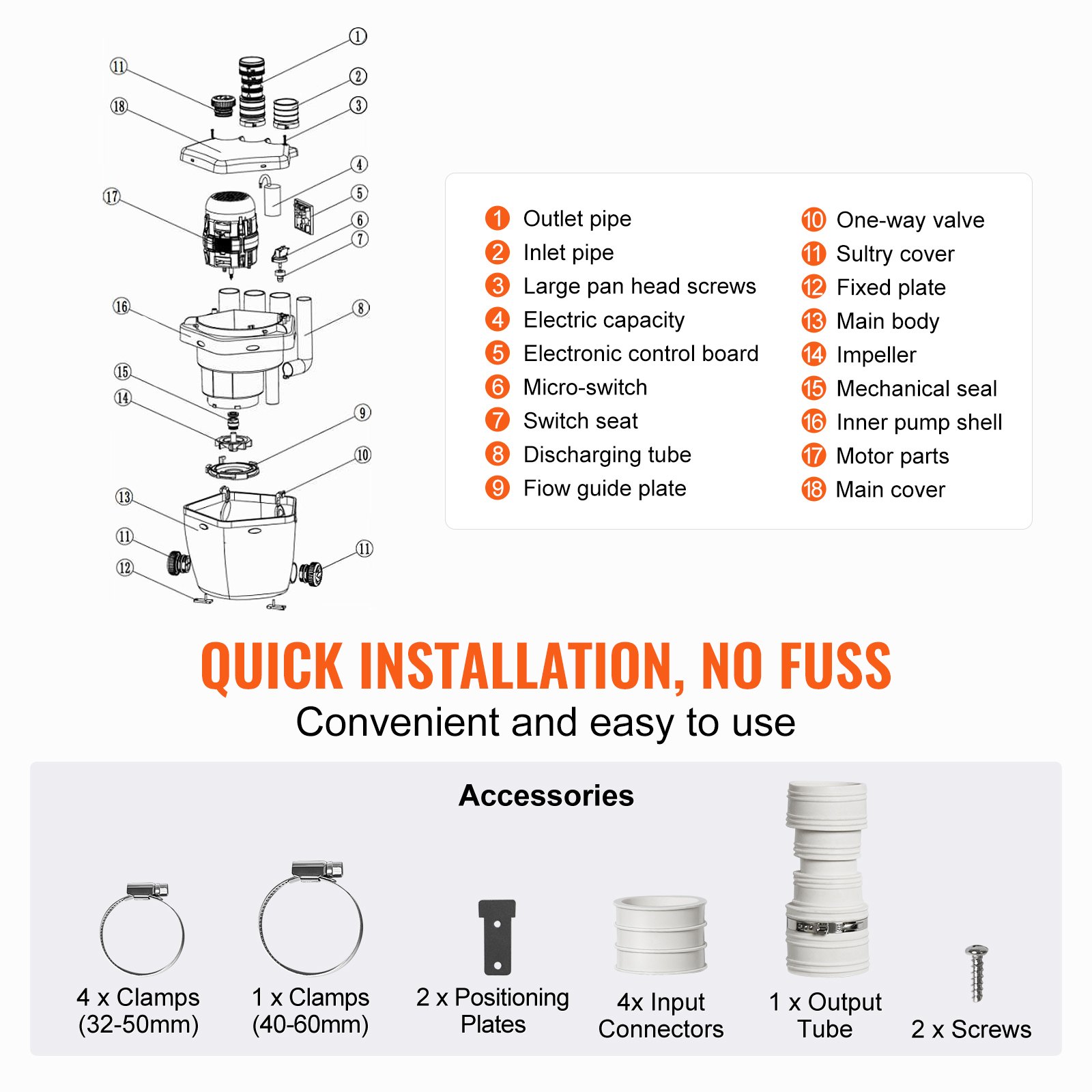VEVOR Universele gootsteenpomp, 250 W, 230 V, 6600 LPH debiet, 5,5 m opvoerhoogte, onder de gootsteen dompelpompsysteem met koperdraadmotor, robuuste universele/gootsteenpomp, afvoerpomp met 3,8 cm uitlaat, wit