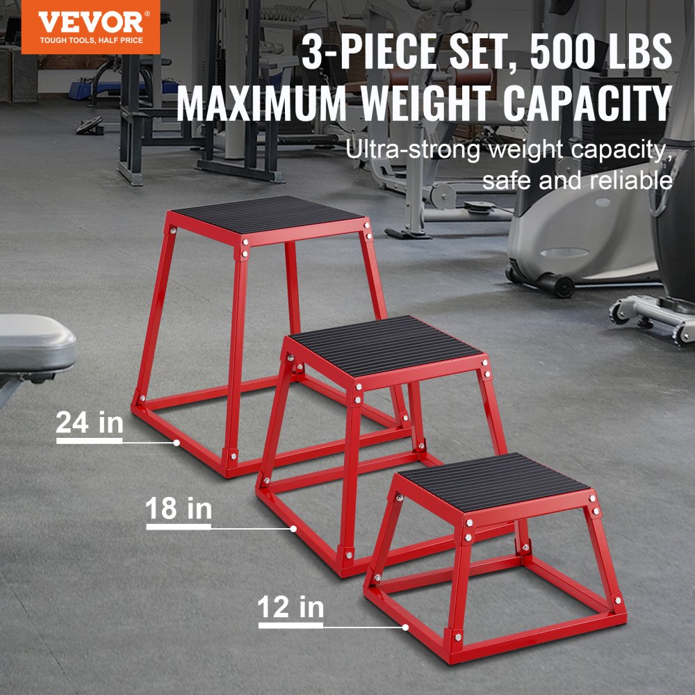 VEVOR 3-delige plyometrische jumpboxen, 305/458/609 mm plyometrische box rood, antislip fitness step-up boxset voor thuisfitnesstraining, conditionele krachttraining, draagbare jumptraining