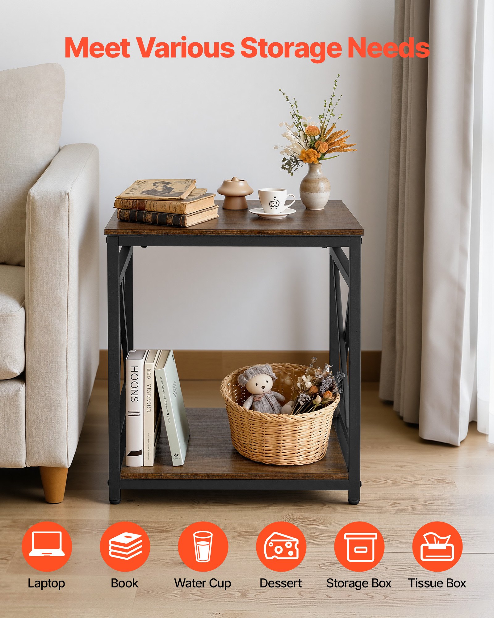 VEVOR bijzettafel, nachtkastje met 2 niveaus en open planken, modern nachtkastje met X-vormig metalen frame, houten salontafel voor woonkamer, slaapkamer, kantoor, bruin/zwart