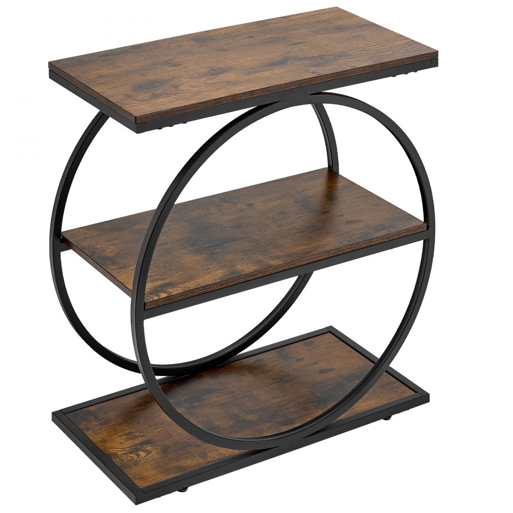 VEVOR bijzettafel, smal nachtkastje met 3 niveaus en open planken, modern nachtkastje met rond metalen frame, houten salontafel voor woonkamer, slaapkamer, kantoor, rustiek bruin