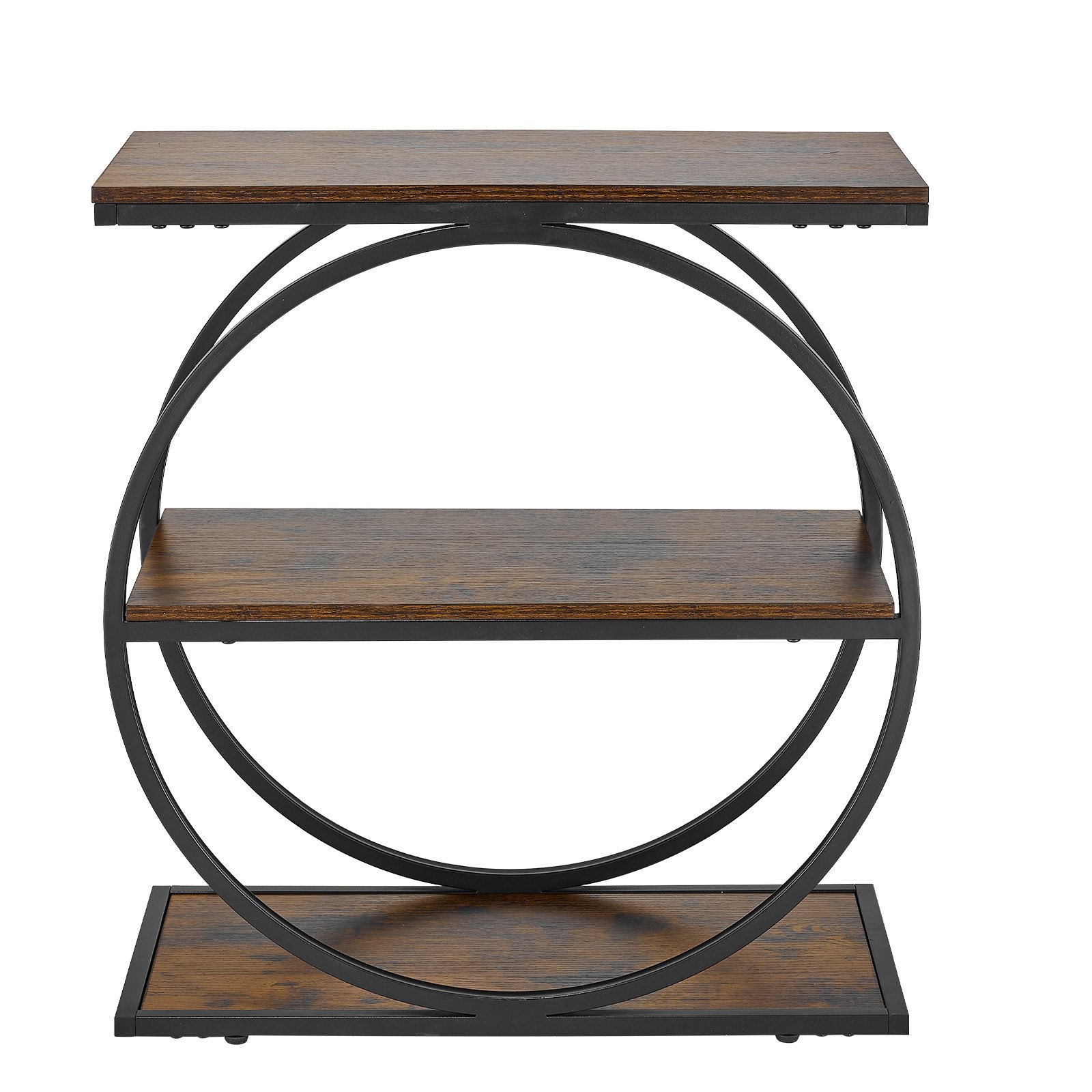 VEVOR bijzettafel, smal nachtkastje met 3 niveaus en open planken, modern nachtkastje met rond metalen frame, houten salontafel voor woonkamer, slaapkamer, kantoor, rustiek bruin