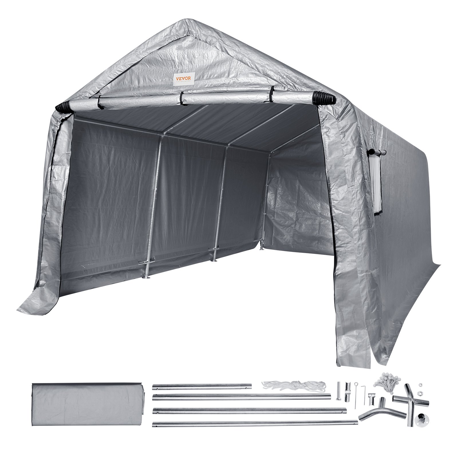 VEVOR Garagetent 304,8 x 457,2 x 243,8 cm Garagetent gemaakt van gegalvaniseerde stalen palen en een drielaagse 240G PE-afdekking Opslagtent Carport 250 x 218 x 190 cm Tentdeurmaat Uitrusting Tent Grijs