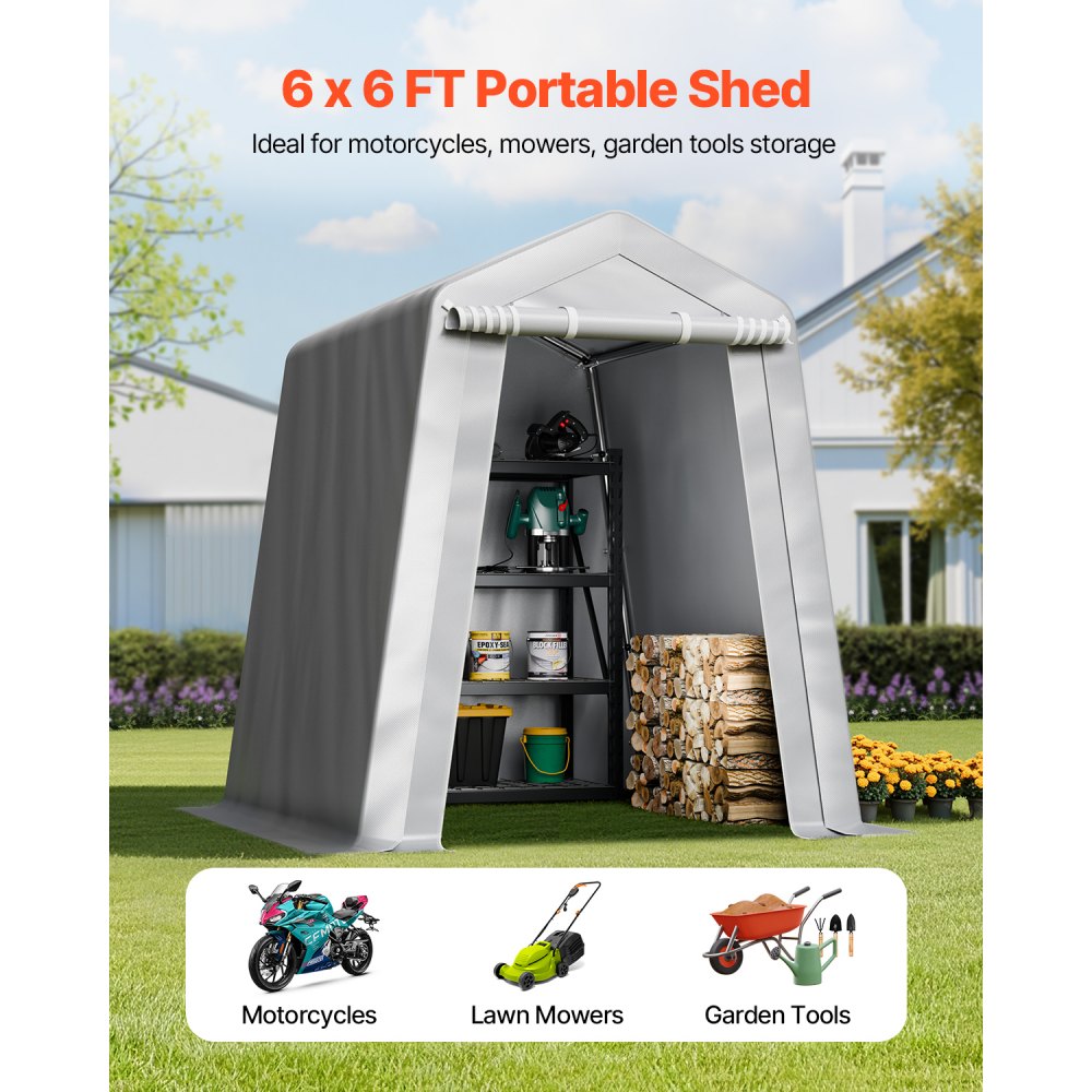 VEVOR Outdoor Storage Shed, 6 x 6 ft Portable Storage Tent with Roll-up Door & Vents, Waterproof Canopy Shed Shelter, Heavy Duty Frame, Patio Garage Carport for Motorcycle, Lawn Mower, Bike, Grey