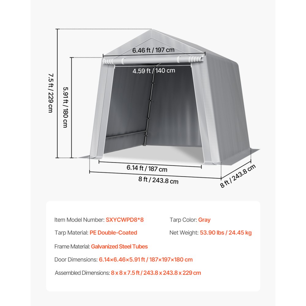 VEVOR Outdoor Storage Shed, 8 x 8 ft Portable Storage Tent with Roll-up Door & Vents, Waterproof Canopy Shed Shelter, Heavy Duty Frame, Patio Garage Carport for Motorcycle, Lawn Mower, Bike, Grey