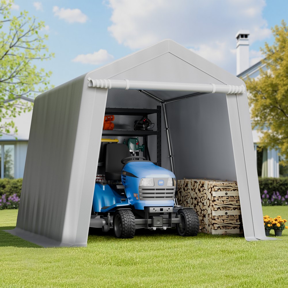 VEVOR Outdoor Storage Shed, 8 x 8 ft Portable Storage Tent with Roll-up Door & Vents, Waterproof Canopy Shed Shelter, Heavy Duty Frame, Patio Garage Carport for Motorcycle, Lawn Mower, Bike, Grey