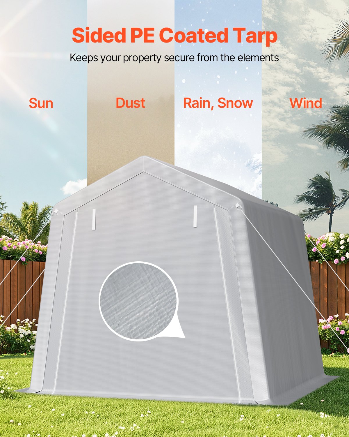 VEVOR Outdoor Storage Shed, 8 x 8 ft Portable Storage Tent with Roll-up Door & Vents, Waterproof Canopy Shed Shelter, Heavy Duty Frame, Patio Garage Carport for Motorcycle, Lawn Mower, Bike, Grey