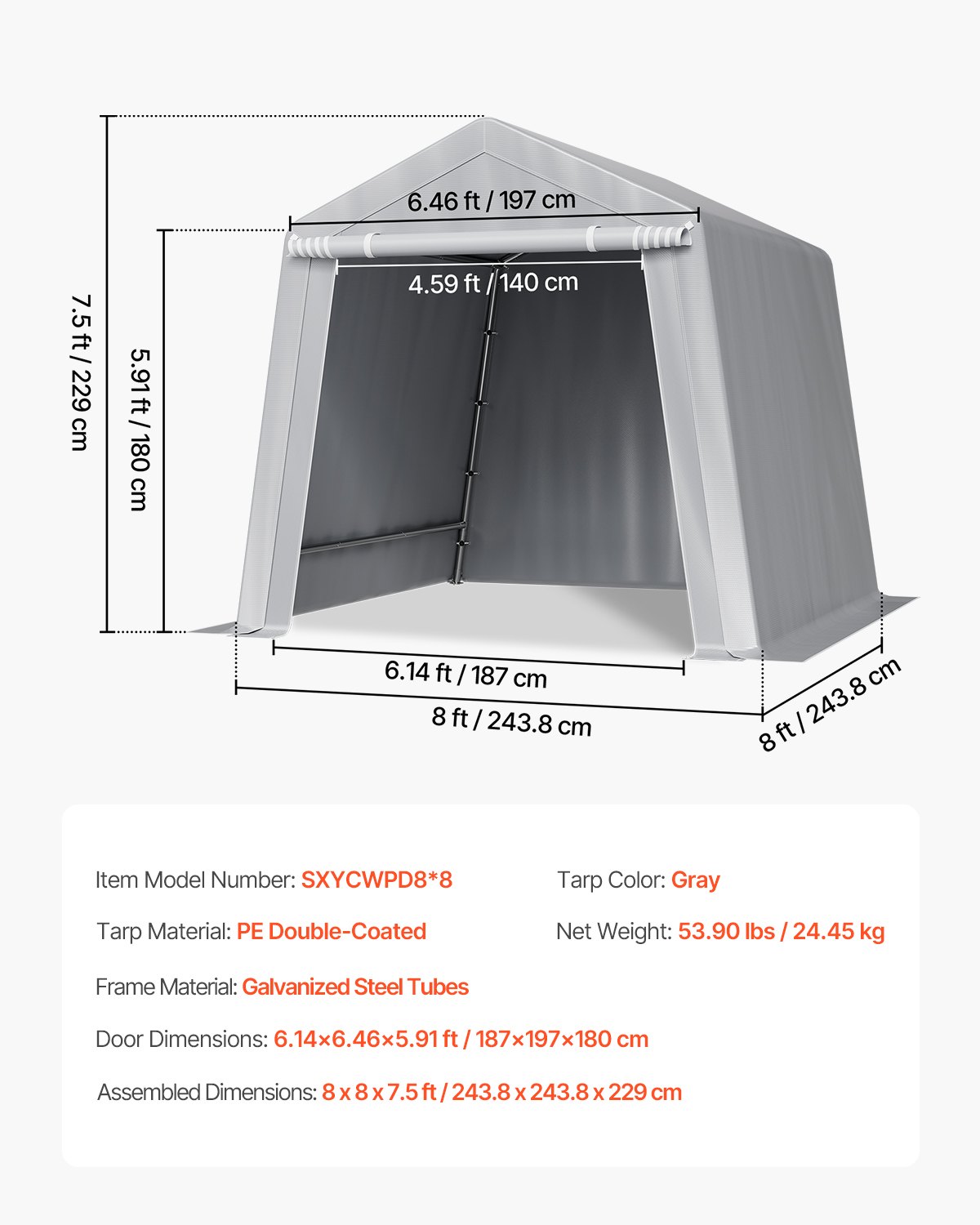 VEVOR Gereedschapsschuur, 243,8 x 243,8 x 229 cm, Garagetent van PE, Gereedschapsschuur, Fietsenstalling, Tuinhuis, Carport, Fietsenstalling, Opslaggarage voor Motor, Grasmaaier, Fiets, Grijs