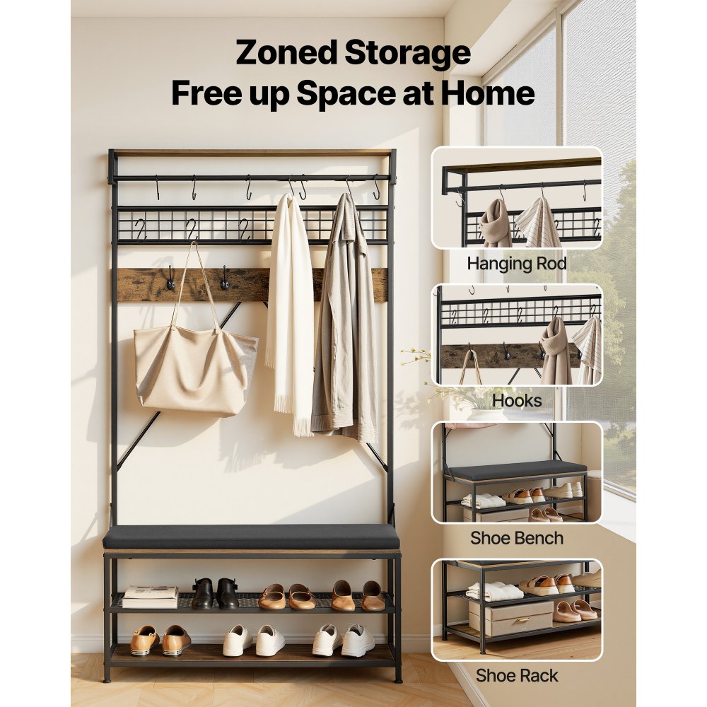 VEVOR halgarderobe 1015 x 400 x 1830 mm, kapstok met schoenenbankje en schoenenplank (2 niveaus), vrijstaande garderobe met metalen rooster en kledingstang, ideaal voor de hal of slaapkamer.