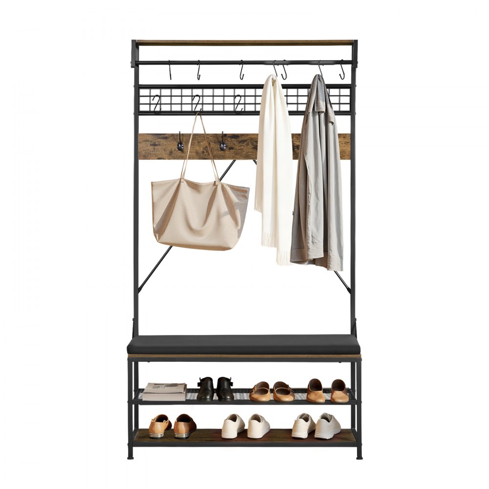 VEVOR halgarderobe 1015 x 400 x 1830 mm, kapstok met schoenenbankje en schoenenplank (2 niveaus), vrijstaande garderobe met metalen rooster en kledingstang, ideaal voor de hal of slaapkamer.