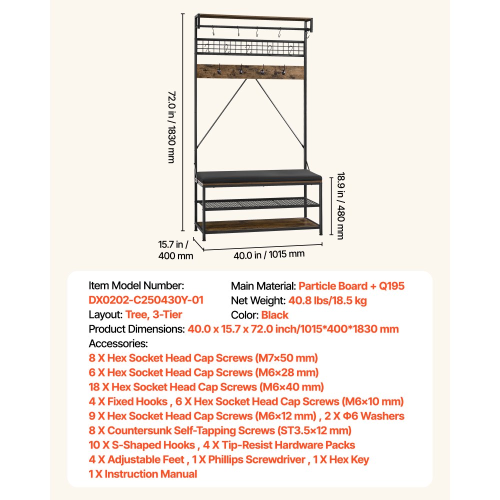 VEVOR halgarderobe 1015 x 400 x 1830 mm, kapstok met schoenenbankje en schoenenplank (2 niveaus), vrijstaande garderobe met metalen rooster en kledingstang, ideaal voor de hal of slaapkamer.