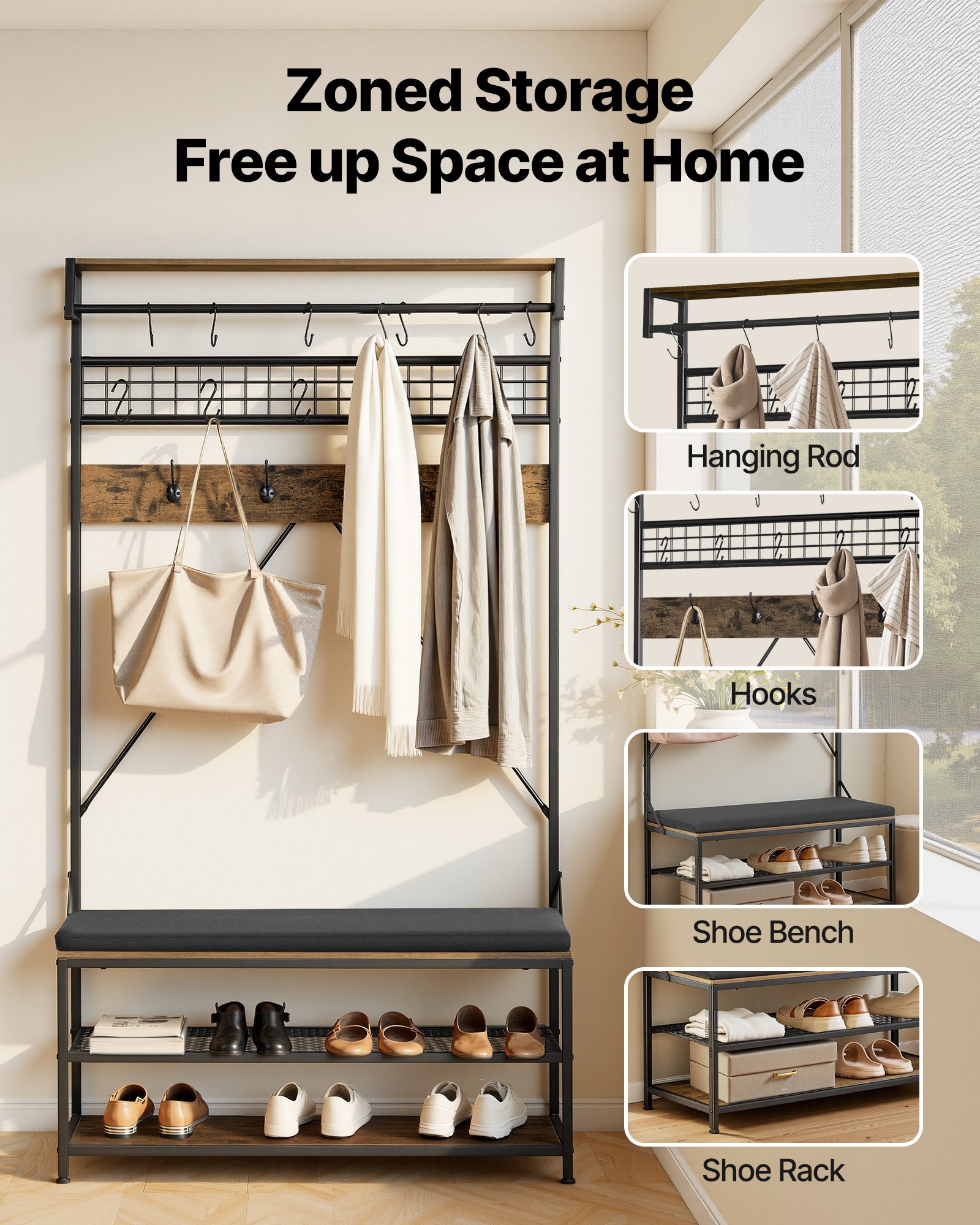 VEVOR halgarderobe 1015 x 400 x 1830 mm, kapstok met schoenenbankje en schoenenplank (2 niveaus), vrijstaande garderobe met metalen rooster en kledingstang, ideaal voor de hal of slaapkamer.