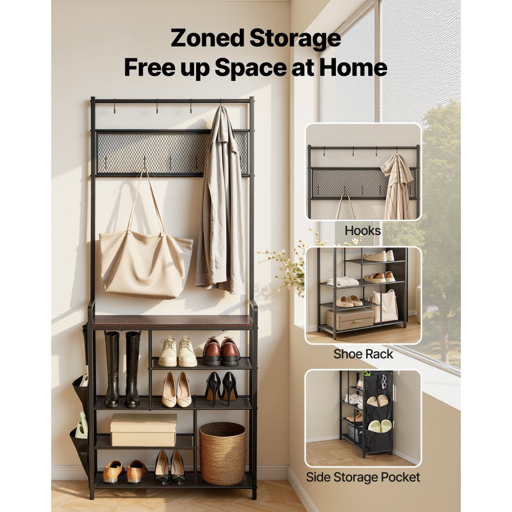 VEVOR Multifunctionele halgarderobe (75 x 30 x 180 cm) met schoenenrek en haken, kapstok met zijvak, kledingkast met stalen frame, geschikt voor entree en slaapkamer, zwart