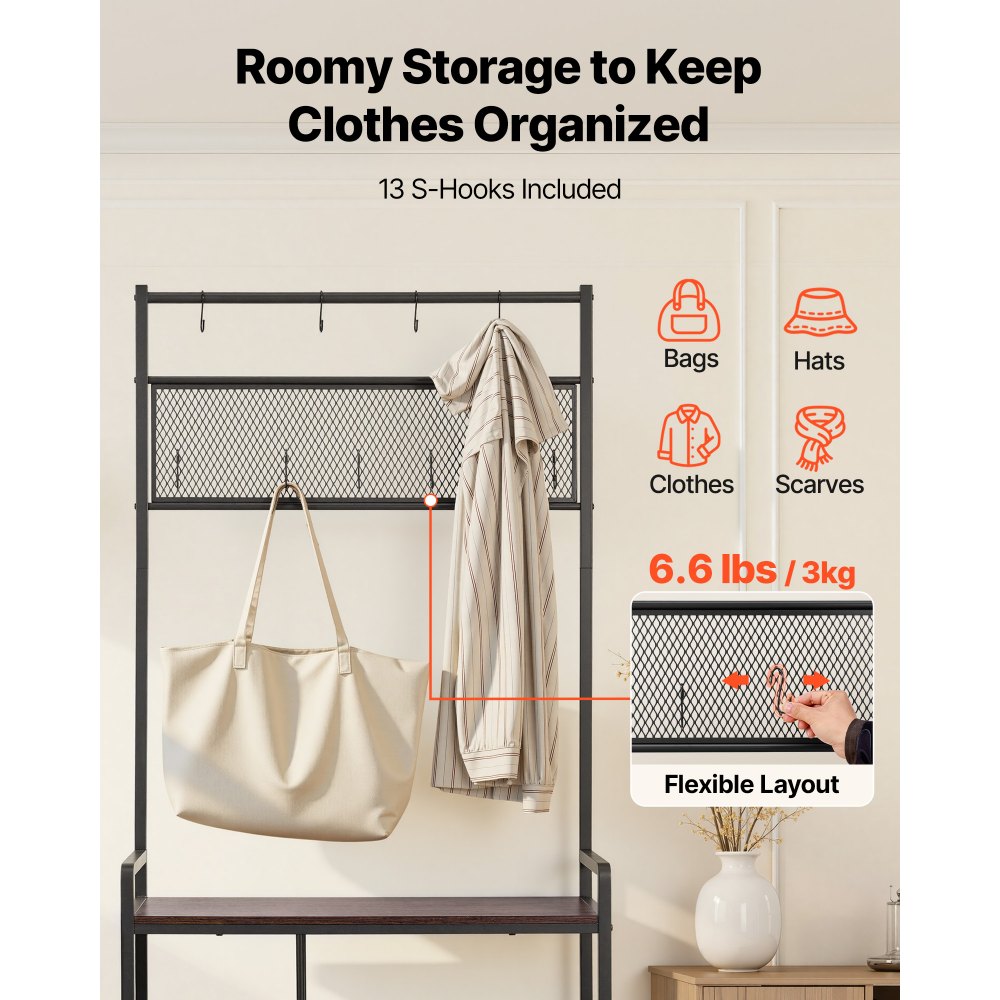 VEVOR Multifunctionele halgarderobe (75 x 30 x 180 cm) met schoenenrek en haken, kapstok met zijvak, kledingkast met stalen frame, geschikt voor entree en slaapkamer, zwart