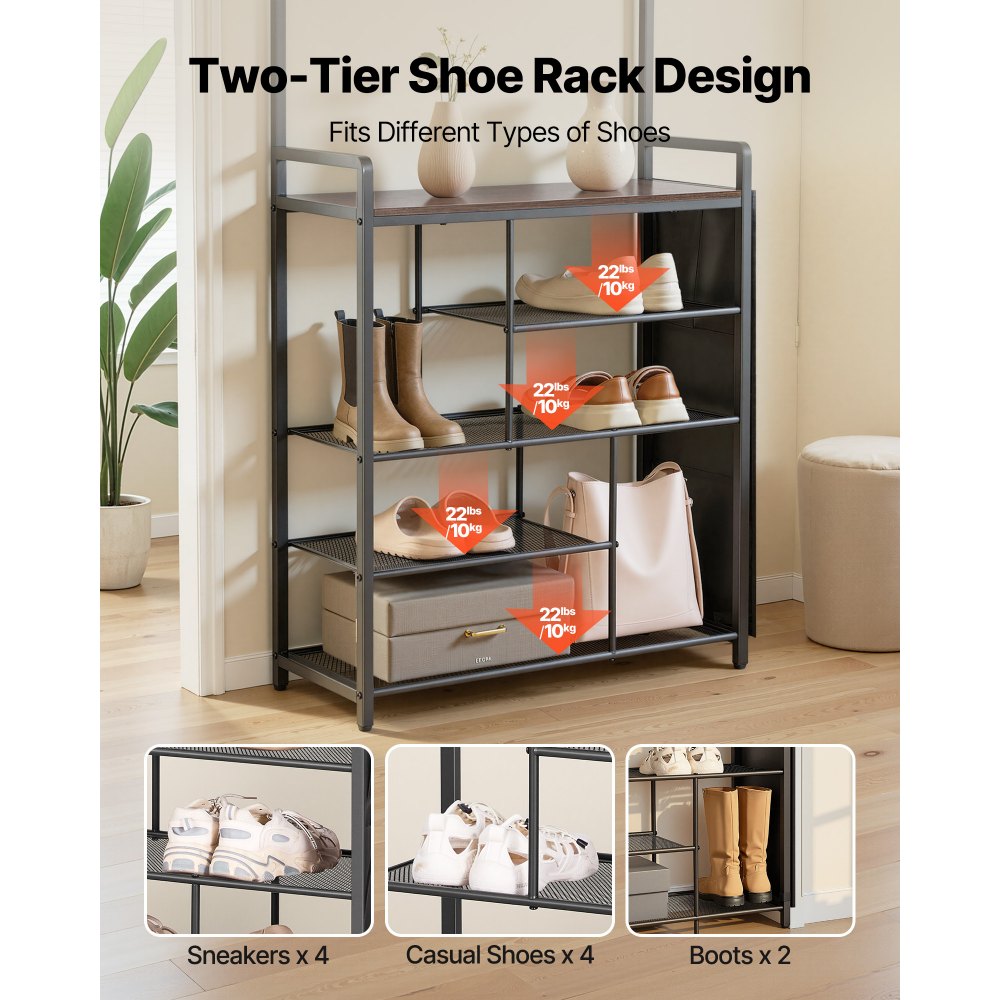 VEVOR Multifunctionele halgarderobe (75 x 30 x 180 cm) met schoenenrek en haken, kapstok met zijvak, kledingkast met stalen frame, geschikt voor entree en slaapkamer, zwart