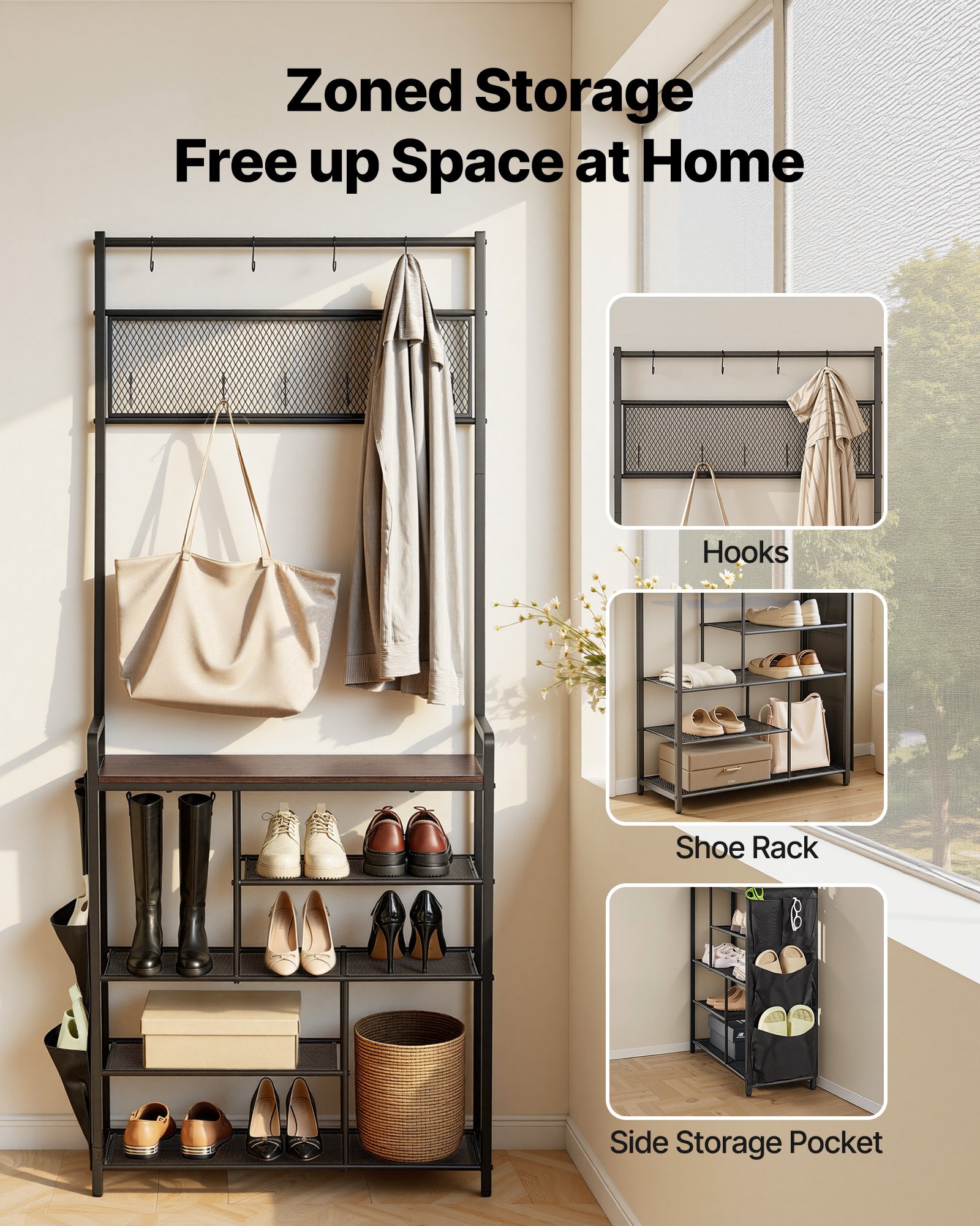 VEVOR Multifunctionele halgarderobe (75 x 30 x 180 cm) met schoenenrek en haken, kapstok met zijvak, kledingkast met stalen frame, geschikt voor entree en slaapkamer, zwart