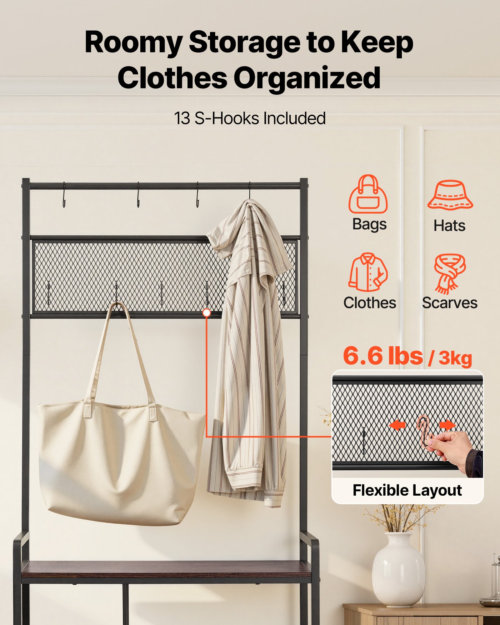 VEVOR Multifunctionele halgarderobe (75 x 30 x 180 cm) met schoenenrek en haken, kapstok met zijvak, kledingkast met stalen frame, geschikt voor entree en slaapkamer, zwart