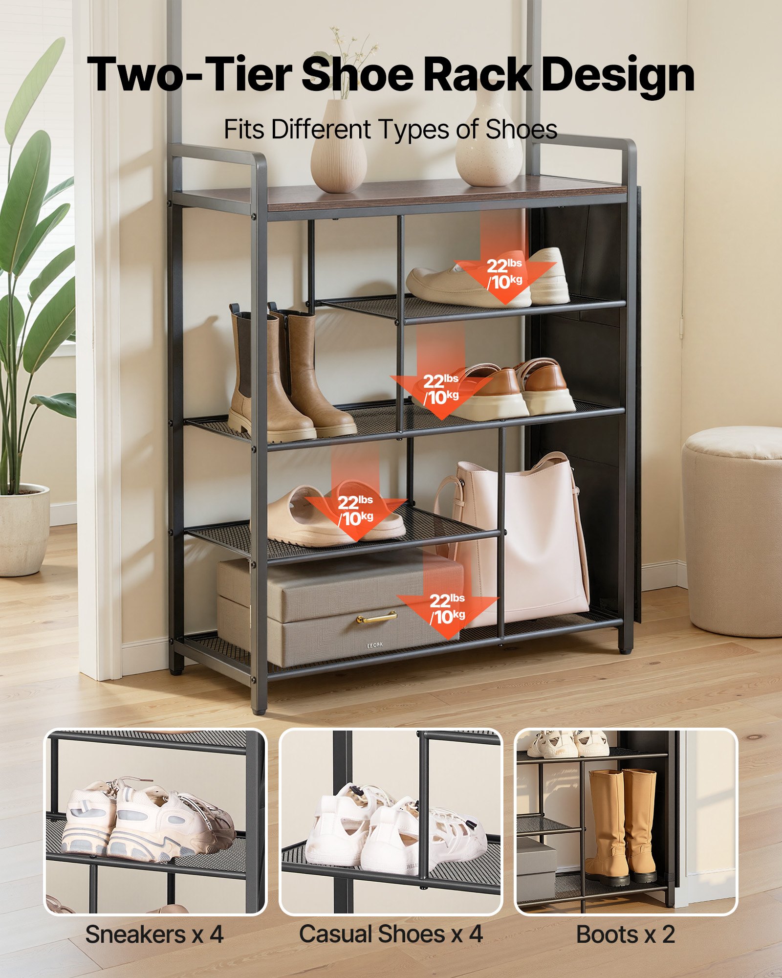 VEVOR Multifunctionele halgarderobe (75 x 30 x 180 cm) met schoenenrek en haken, kapstok met zijvak, kledingkast met stalen frame, geschikt voor entree en slaapkamer, zwart