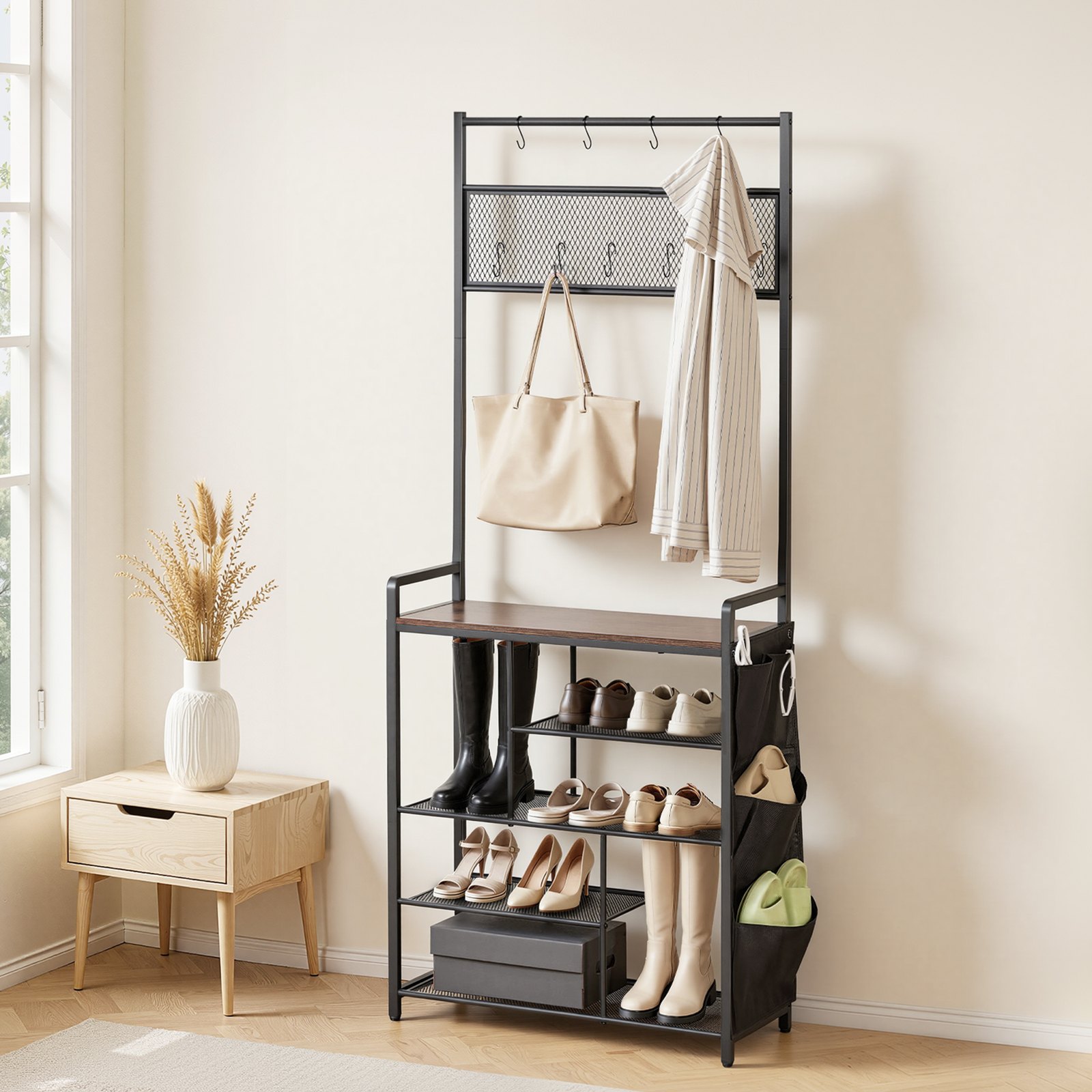 VEVOR Multifunctionele halgarderobe (75 x 30 x 180 cm) met schoenenrek en haken, kapstok met zijvak, kledingkast met stalen frame, geschikt voor entree en slaapkamer, zwart