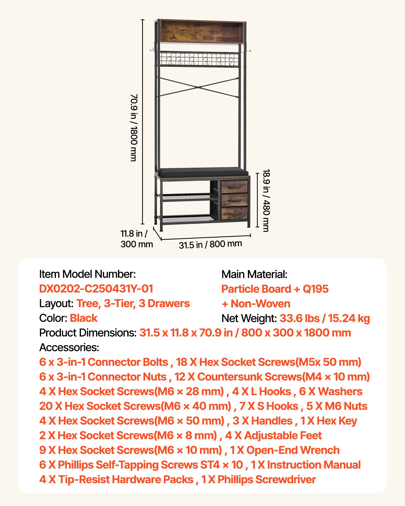 VEVOR halgarderobe 80 x 30 x 180 cm, kapstok met schoenenrek (2 niveaus) & 3 lades, vrijstaande garderobe met boekenplank & metalen rooster, ideaal voor entree of slaapkamer