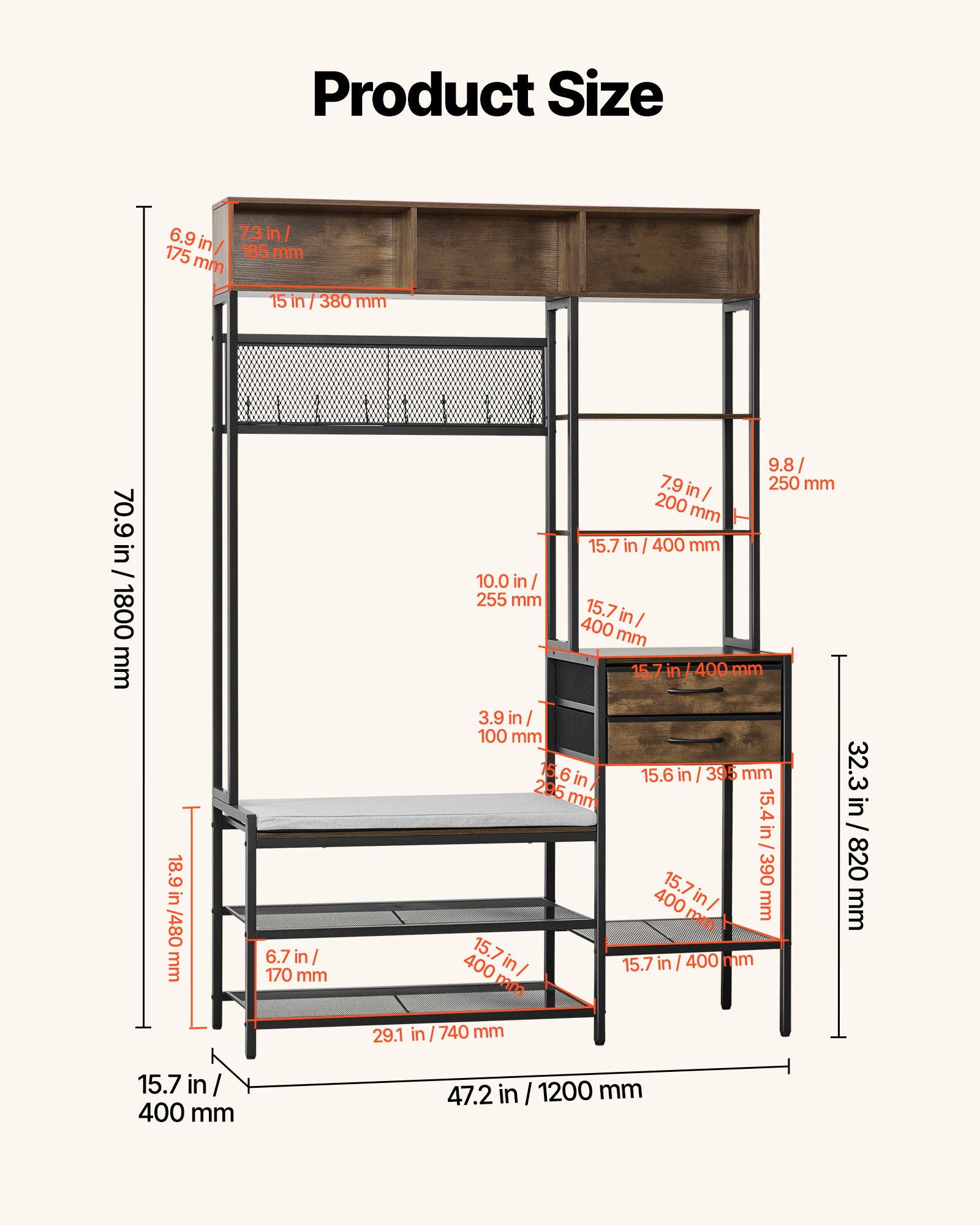 VEVOR Multifunctionele halgarderobe (120 x 40 x 180 cm) met schoenenbankje en 2 lades, kapstok met boekenplank en metalen rooster, kledingkast met stalen frame voor entree of slaapkamer