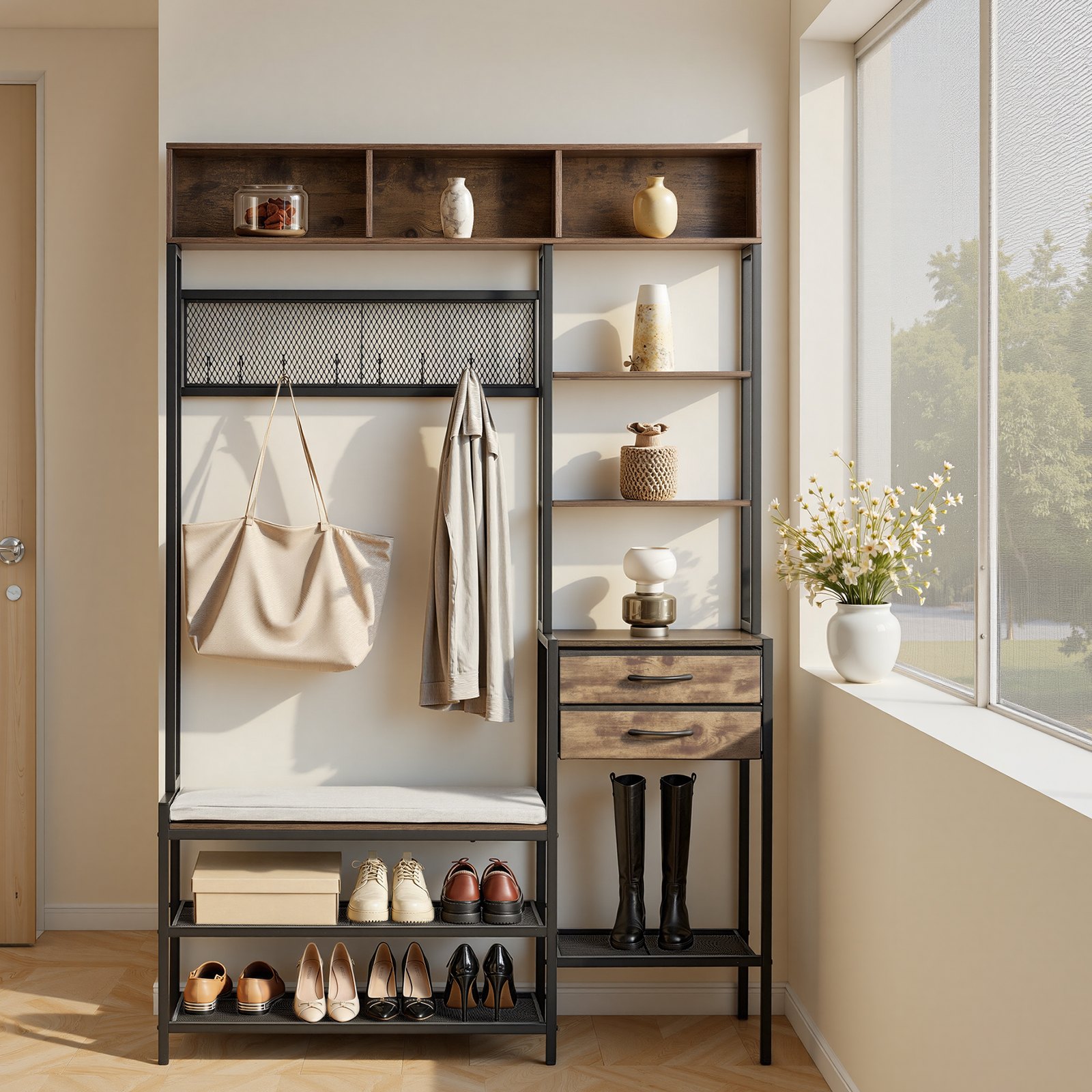 VEVOR Multifunctionele halgarderobe (120 x 40 x 180 cm) met schoenenbankje en 2 lades, kapstok met boekenplank en metalen rooster, kledingkast met stalen frame voor entree of slaapkamer