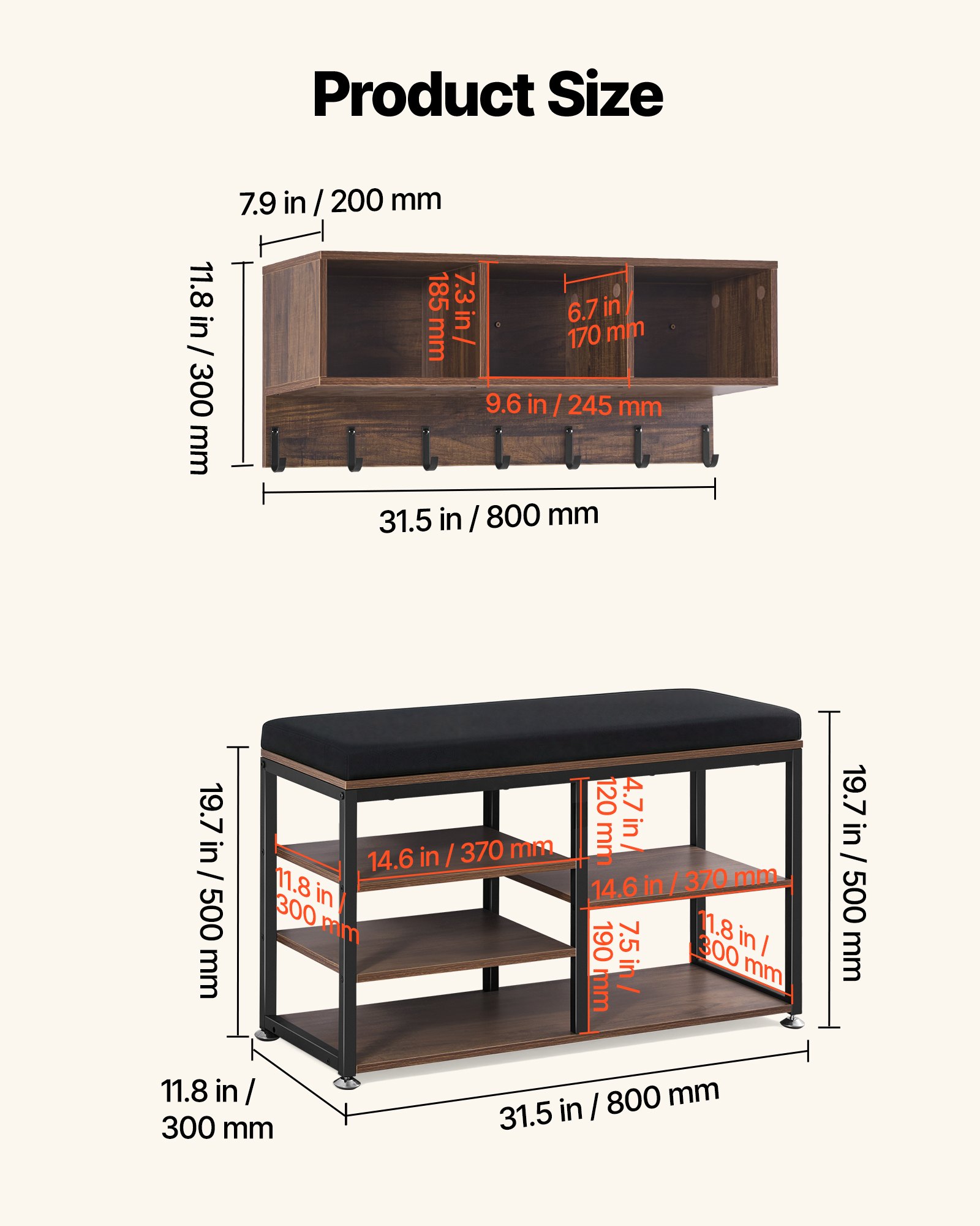 VEVOR Kapstok met bankje, combinatie schoen- en kapstok met haken en plank, wandkapstok, schoenrek met opbergruimte (5 vakken), voor hal, slaapkamer, kantoor