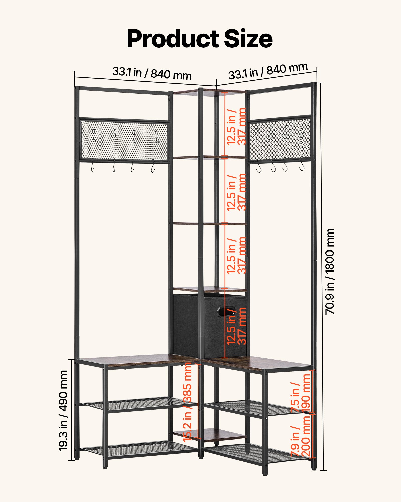 VEVOR Multifunctionele hoekkapstok (180 cm hoog) met haken, plank en stalen frame, kapstok met anti-kantelvoorziening, kledingkastplank voor hal, kantoor, woonkamer, rustiek bruin