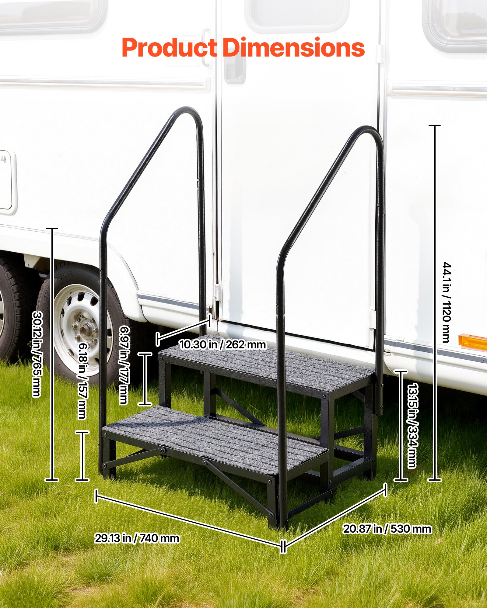 VEVOR Camperopstap met 2 handrails (2 treden), staande opstap met een draagvermogen van 300 kg, buitenopstap met antislipmat voor senioren/huisdieren, opstap voor campers, stacaravans, veranda's, zwembaden en spa's.