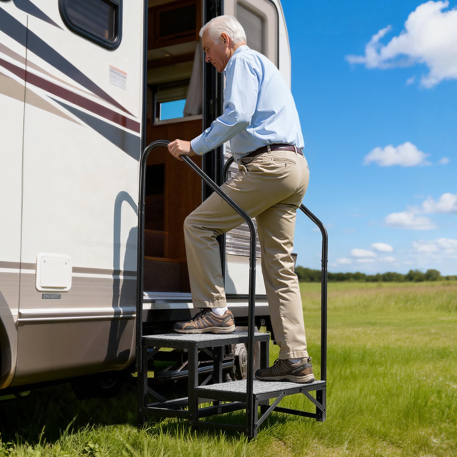 VEVOR Camperopstap met 2 handrails (2 treden), staande opstap met een draagvermogen van 300 kg, buitenopstap met antislipmat voor senioren/huisdieren, opstap voor campers, stacaravans, veranda's, zwembaden en spa's.