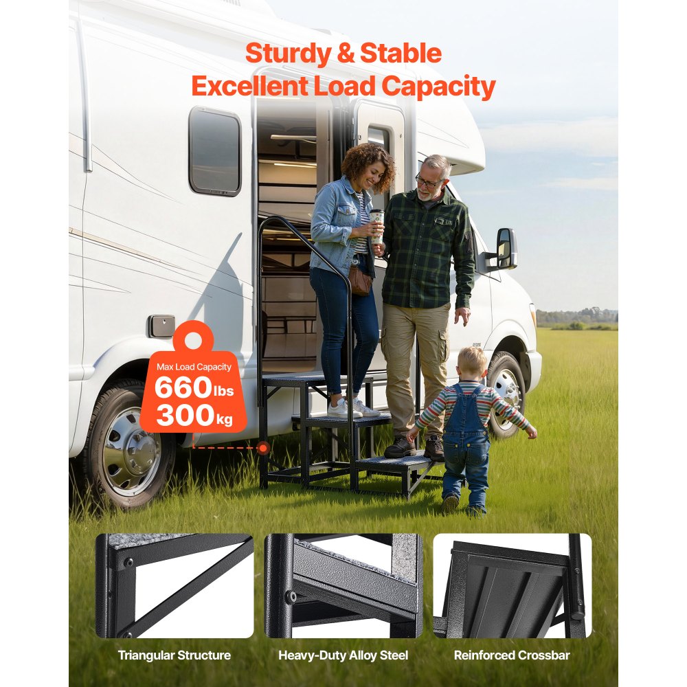 VEVOR RV Steps with Dual Handrails, 3 Steps, 660 lbs Load Capacity, Heavy Duty Outdoor RV Stairs with Non-Slip Mat for Elderly/Pets, Portable Stairs for Hot Tub, Camper, Mobile Home, Porch, Pool, SPA