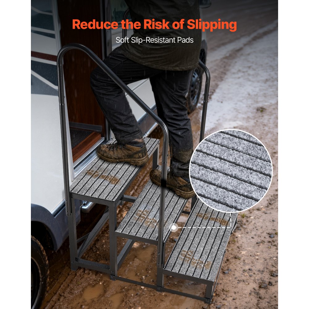 VEVOR RV Steps with Dual Handrails, 3 Steps, 660 lbs Load Capacity, Heavy Duty Outdoor RV Stairs with Non-Slip Mat for Elderly/Pets, Portable Stairs for Hot Tub, Camper, Mobile Home, Porch, Pool, SPA