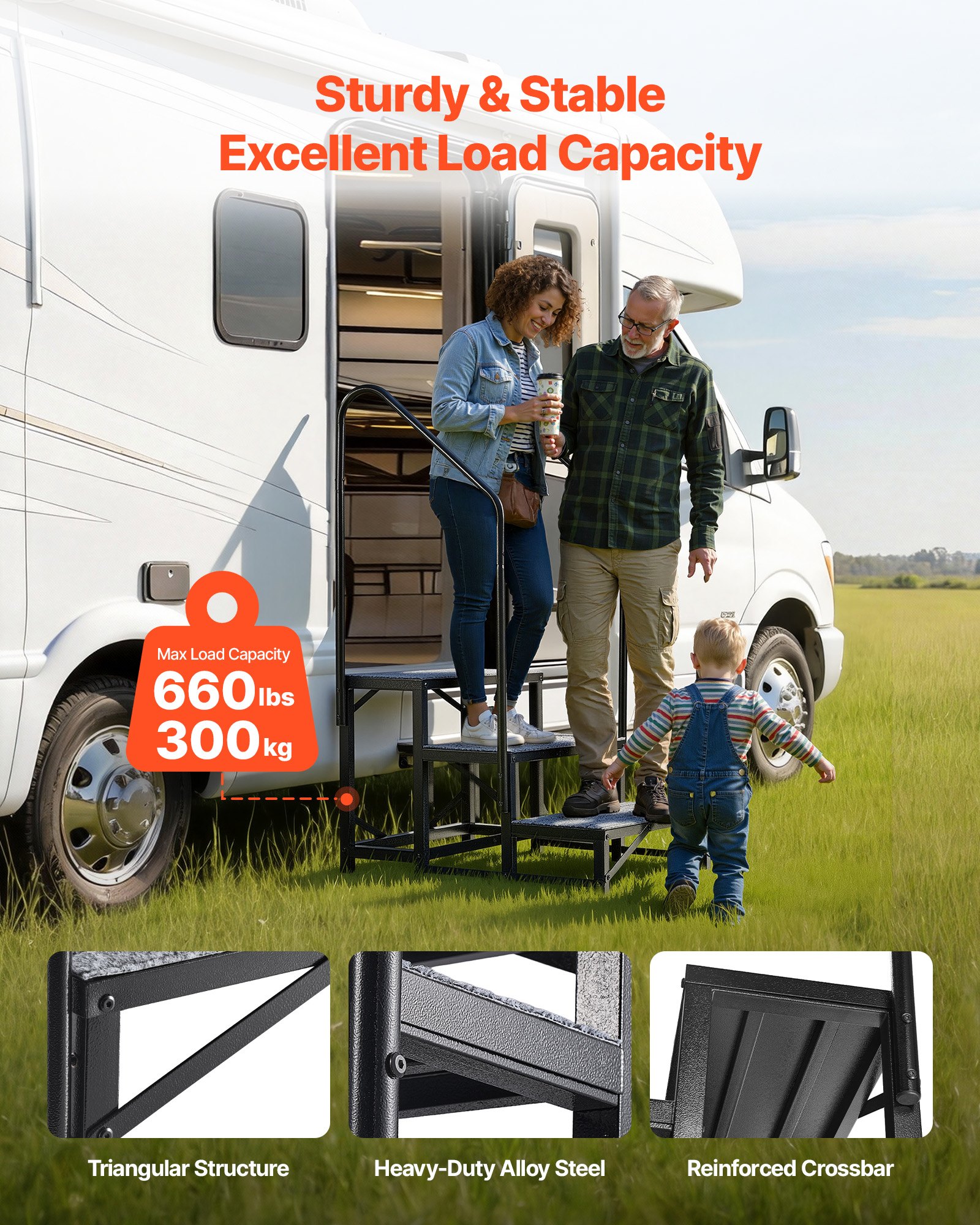 VEVOR Camperopstap met 2 handrails (3 treden), staande opstap met een draagvermogen van 300 kg, buitenopstap met antislipmat voor senioren/huisdieren, opstap voor campers, stacaravans, veranda's, zwembaden en spa's.