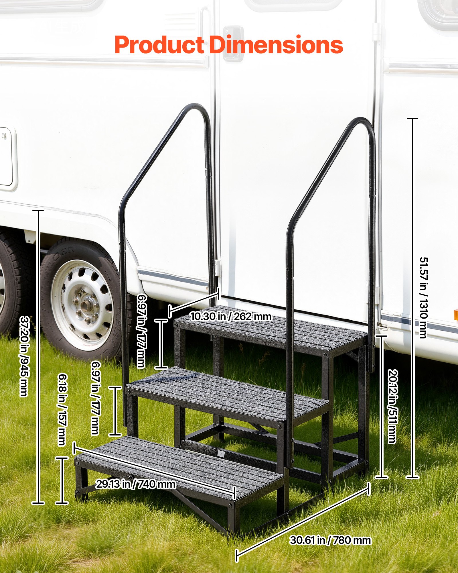 VEVOR Camperopstap met 2 handrails (3 treden), staande opstap met een draagvermogen van 300 kg, buitenopstap met antislipmat voor senioren/huisdieren, opstap voor campers, stacaravans, veranda's, zwembaden en spa's.
