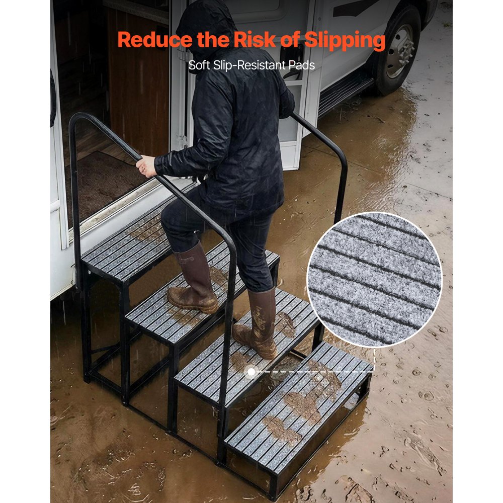 VEVOR Camperopstap met 2 handrails (4 treden), staande opstap met een draagvermogen van 300 kg, buitenopstap met antislipmat voor senioren/huisdieren, opstap voor campers, stacaravans, veranda's, zwembaden en spa's.