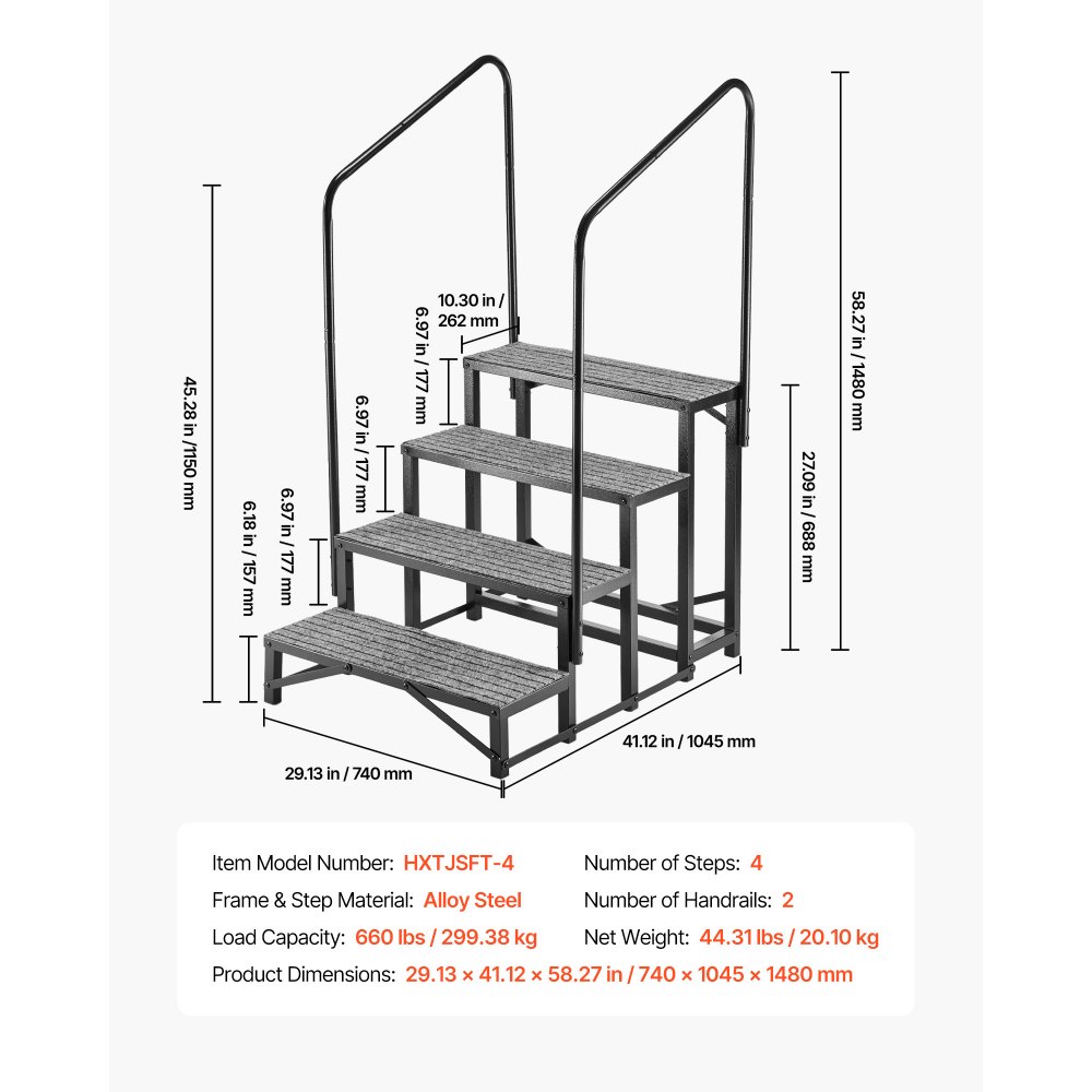 VEVOR Camperopstap met 2 handrails (4 treden), staande opstap met een draagvermogen van 300 kg, buitenopstap met antislipmat voor senioren/huisdieren, opstap voor campers, stacaravans, veranda's, zwembaden en spa's.