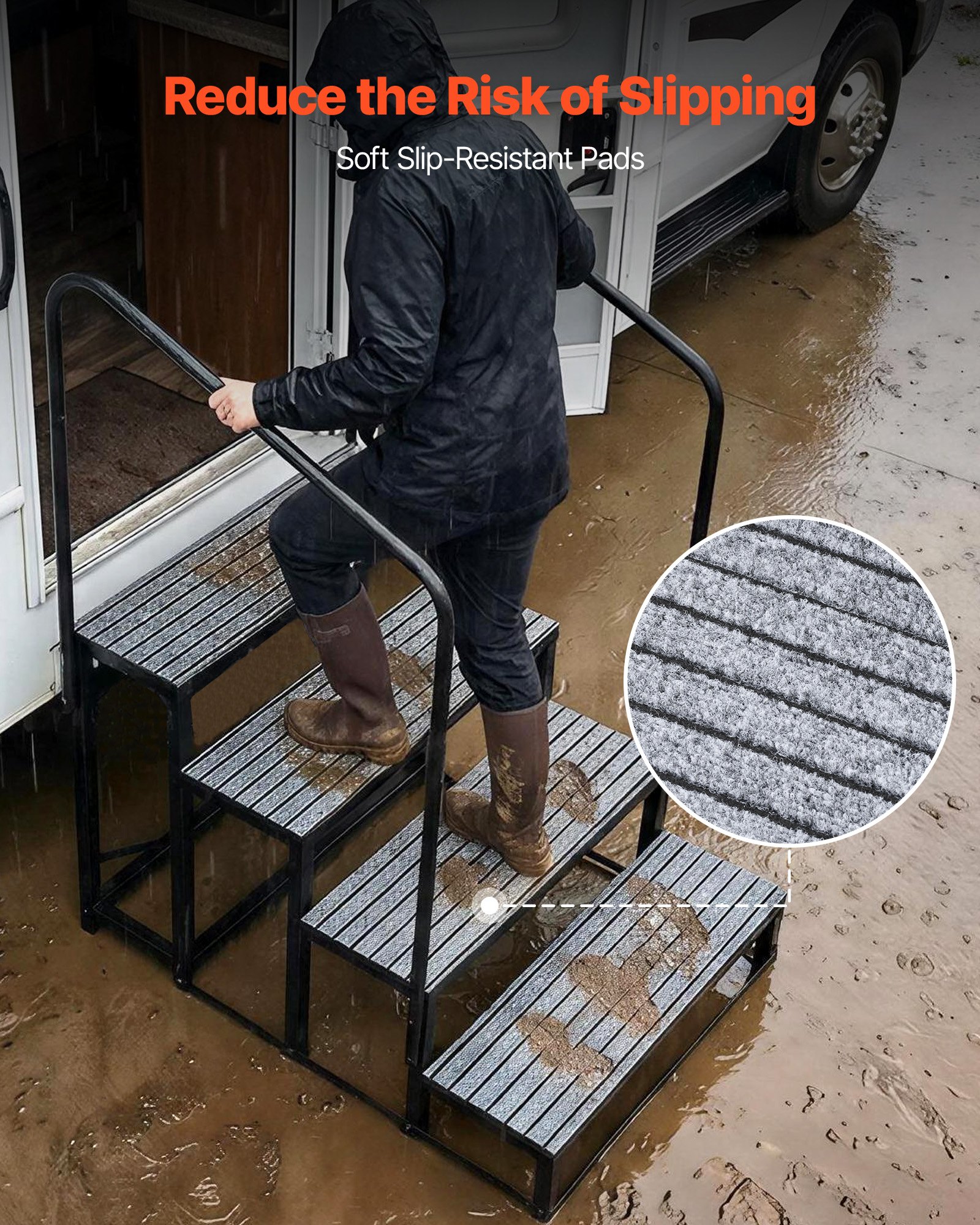 VEVOR Camperopstap met 2 handrails (4 treden), staande opstap met een draagvermogen van 300 kg, buitenopstap met antislipmat voor senioren/huisdieren, opstap voor campers, stacaravans, veranda's, zwembaden en spa's.