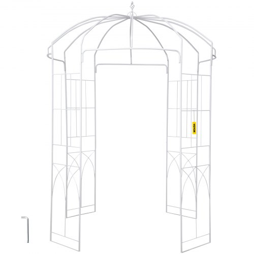 VEVOR Vogelkooi Tuinpaviljoen 8' x 8' x 10' Zwaar uitgevoerd smeedijzeren prieel Bruiloftsbooglatwerk voor het beklimmen van wijnstokken in de tuin Gazon Achtertuin Patio Wit