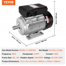 VEVOR 1,5 kW elektromotor 1400 tpm AC220-240V 9,85 A 1-fase 24 mm spline-as