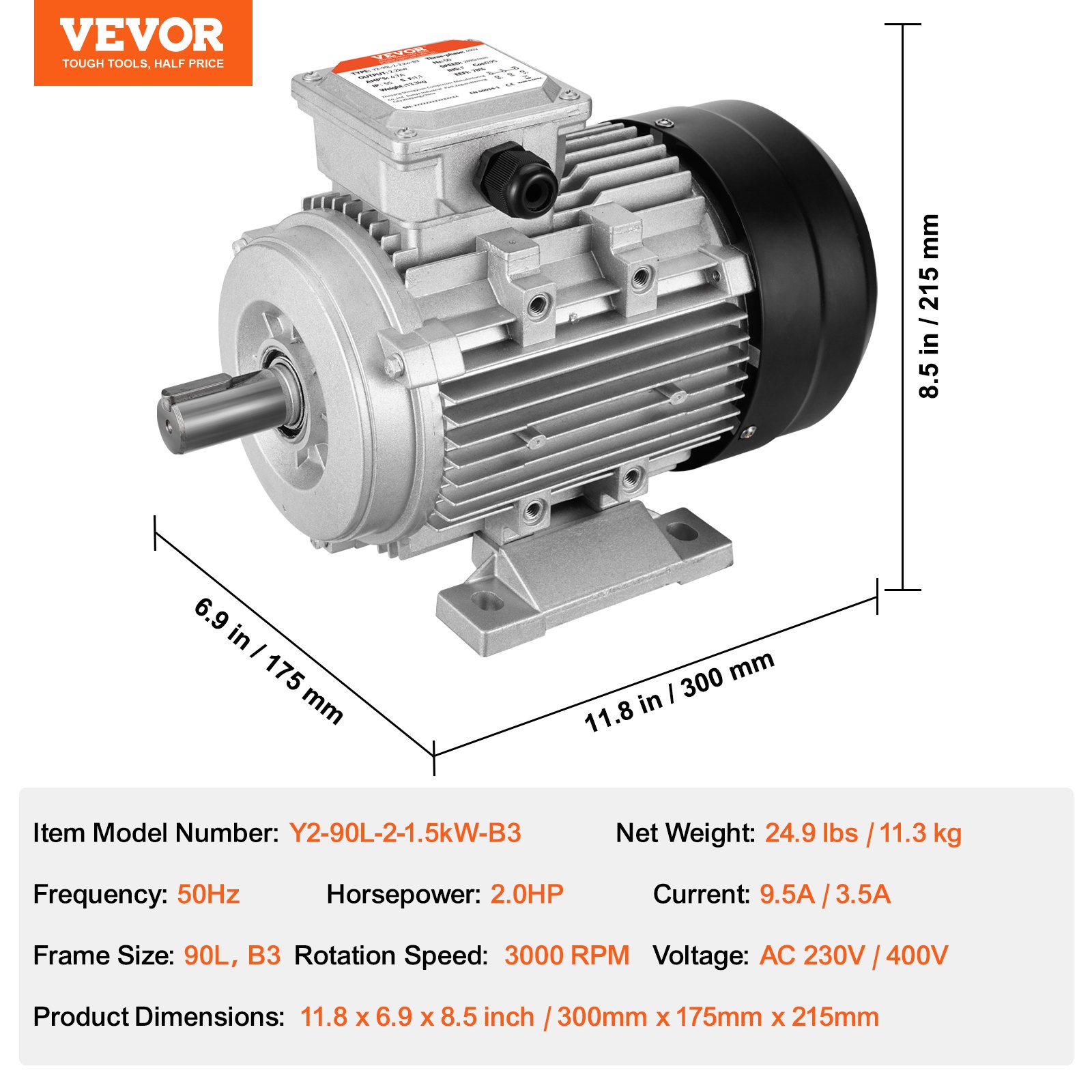 VEVOR 1,5 kW elektromotor 3000 tpm, AC 230 V/400 V, 9,5 A/3,5 A, 90 L, B3-frame, luchtcompressormotor 3-fase, 24 mm spline-as, voorwaartse/achterwaartse rotatie voor landbouwmachines en algemene apparatuur