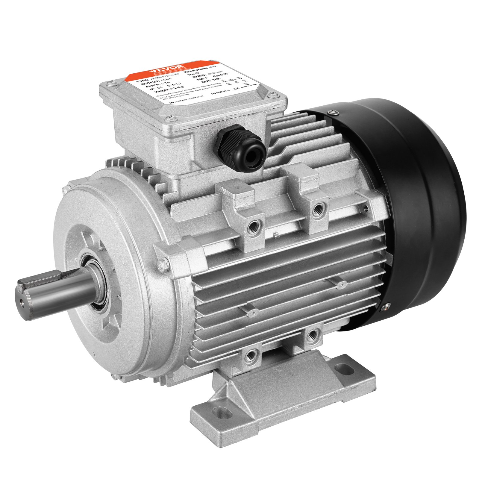VEVOR 1,5 kW elektromotor 3000 tpm, AC 230 V/400 V, 9,5 A/3,5 A, 90 L, B3-frame, luchtcompressormotor 3-fase, 24 mm spline-as, voorwaartse/achterwaartse rotatie voor landbouwmachines en algemene apparatuur
